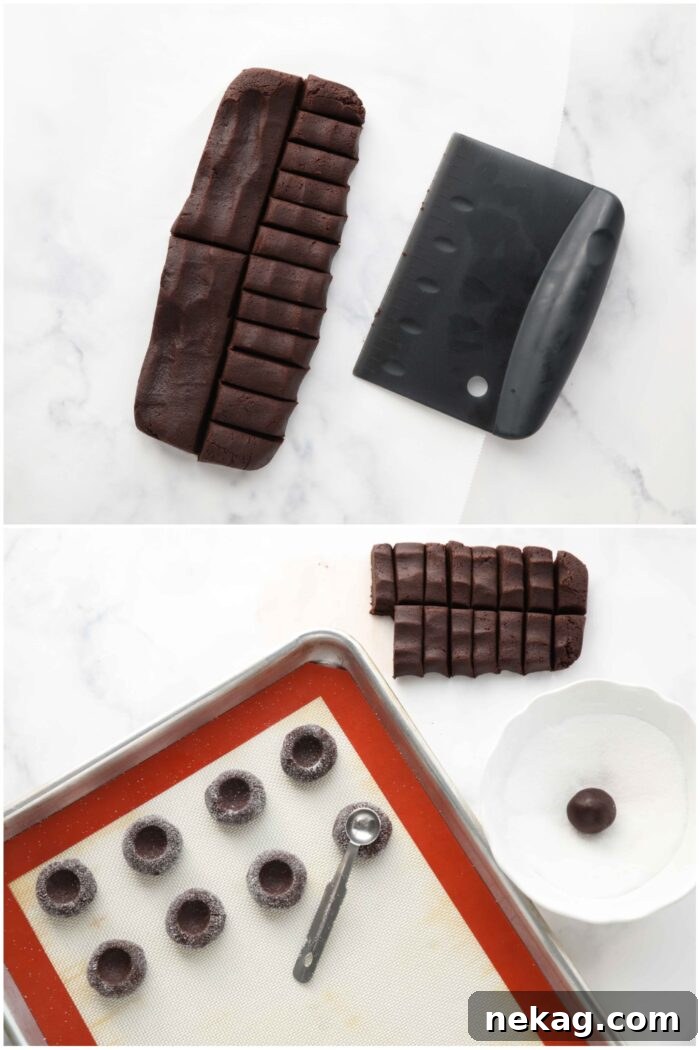 Steps to make chocolate thumbprint cookies.