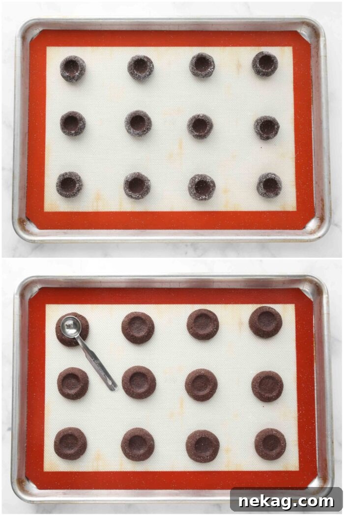 Before and after baking chocolate thumbprint cookies.