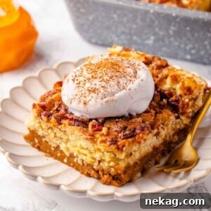 A beautifully presented slice of pumpkin dump cake topped with a generous dollop of fresh whipped cream, ready to be savored on a white plate.
