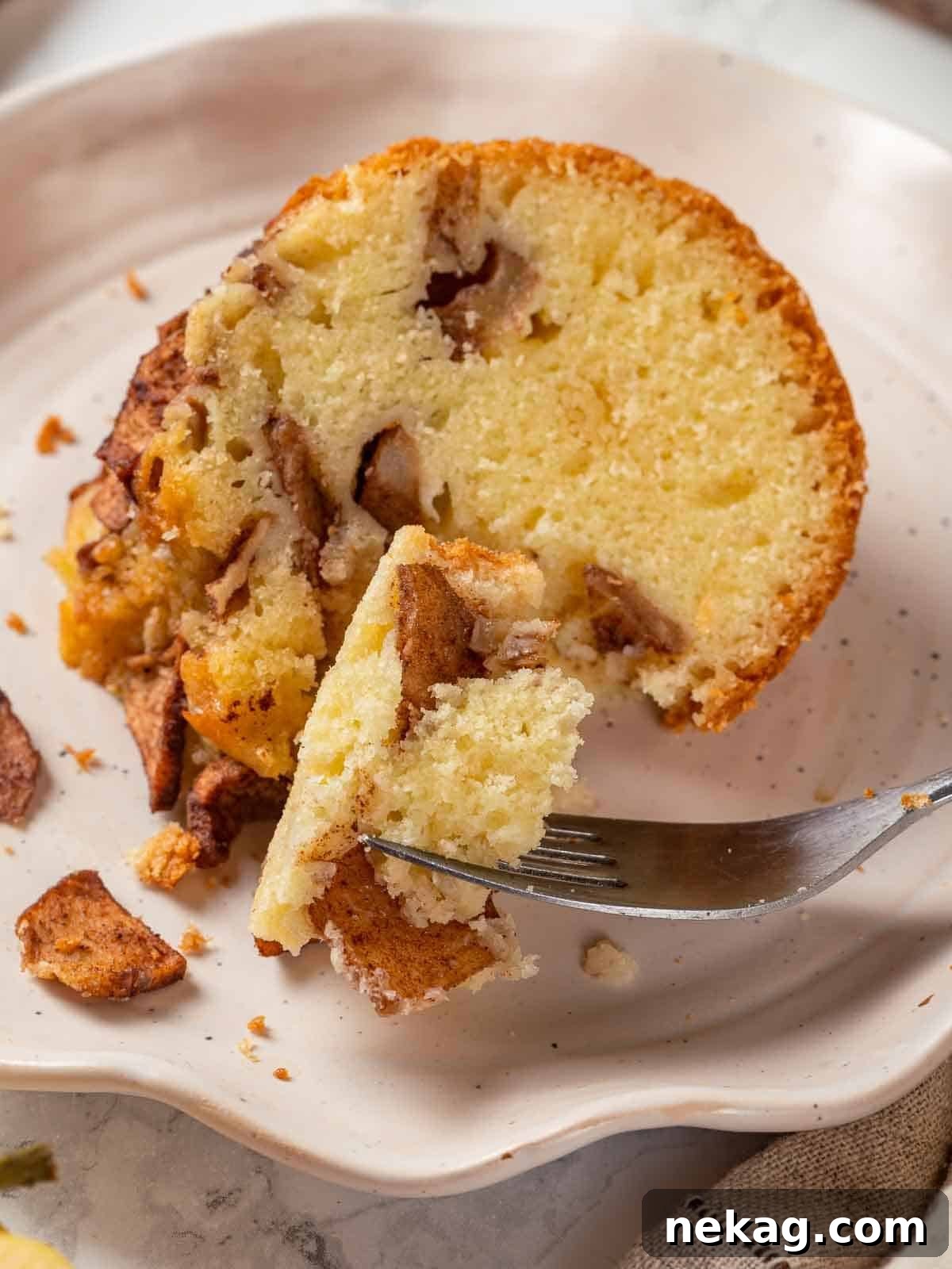 Spiced Apple Harvest Cake 12 A single, perfectly cut slice of Jewish apple cake, revealing its beautiful layers of golden cake and tender spiced apples.