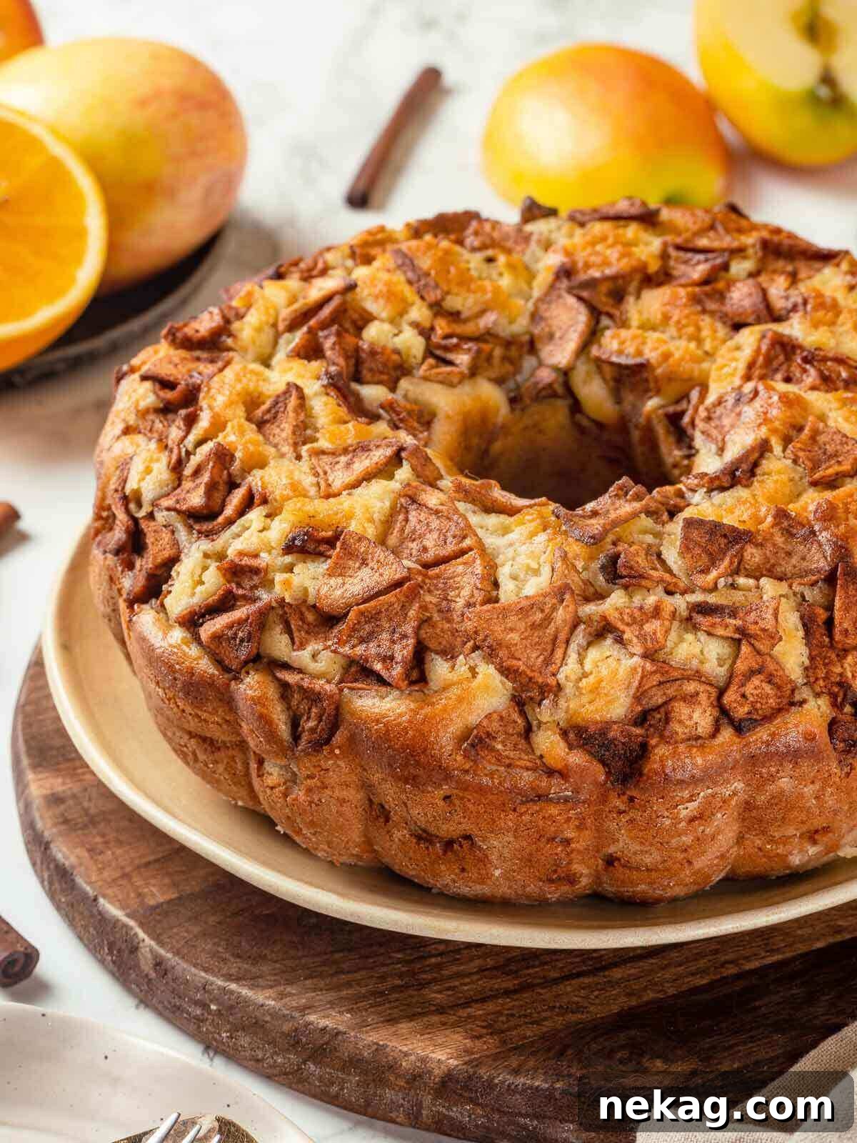 Spiced Apple Harvest Cake 3 A beautifully baked Jewish apple cake displayed on a rustic wooden cake stand, showcasing its golden crust.