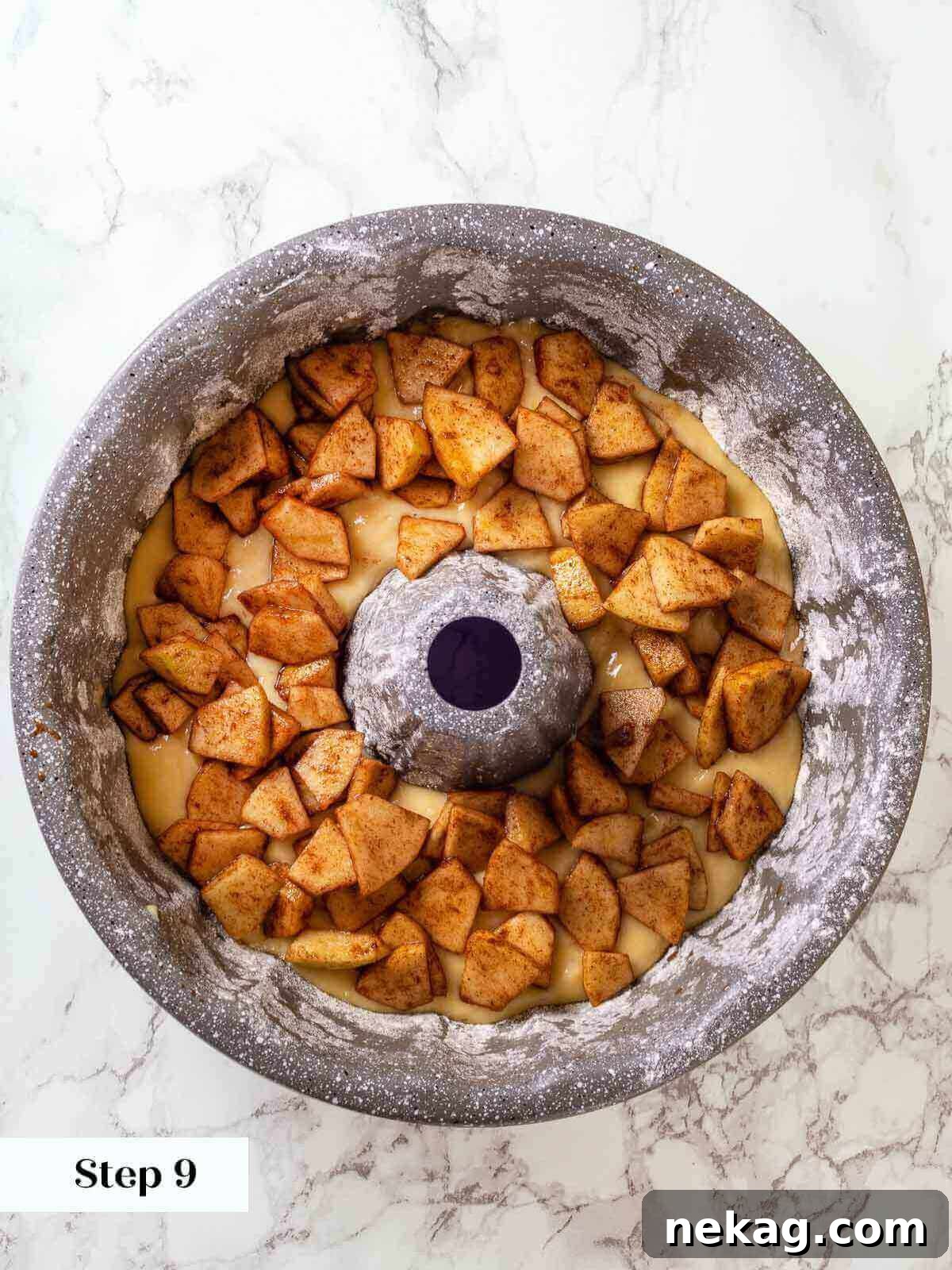 Spiced Apple Harvest Cake 8 Layers of cinnamon-spiced apples carefully placed on top of the first layer of cake batter in the tube pan.