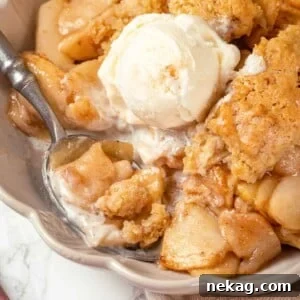 A scoop of vanilla ice cream melting on warm apple cobbler.