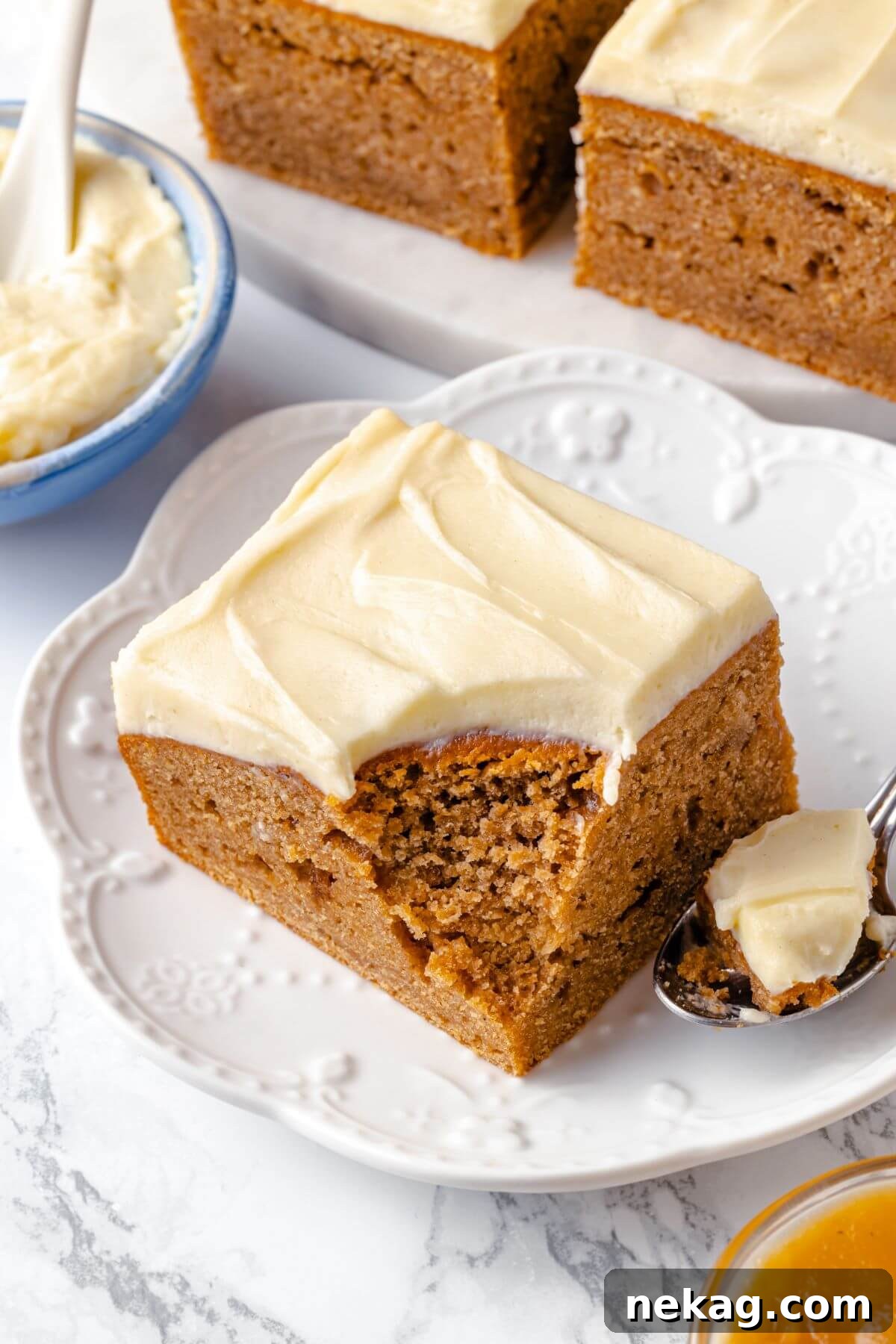 Spiced Applesauce Comfort Cake 2 Interior texture of a brown butter applesauce cake, revealing its moist and fluffy crumb.