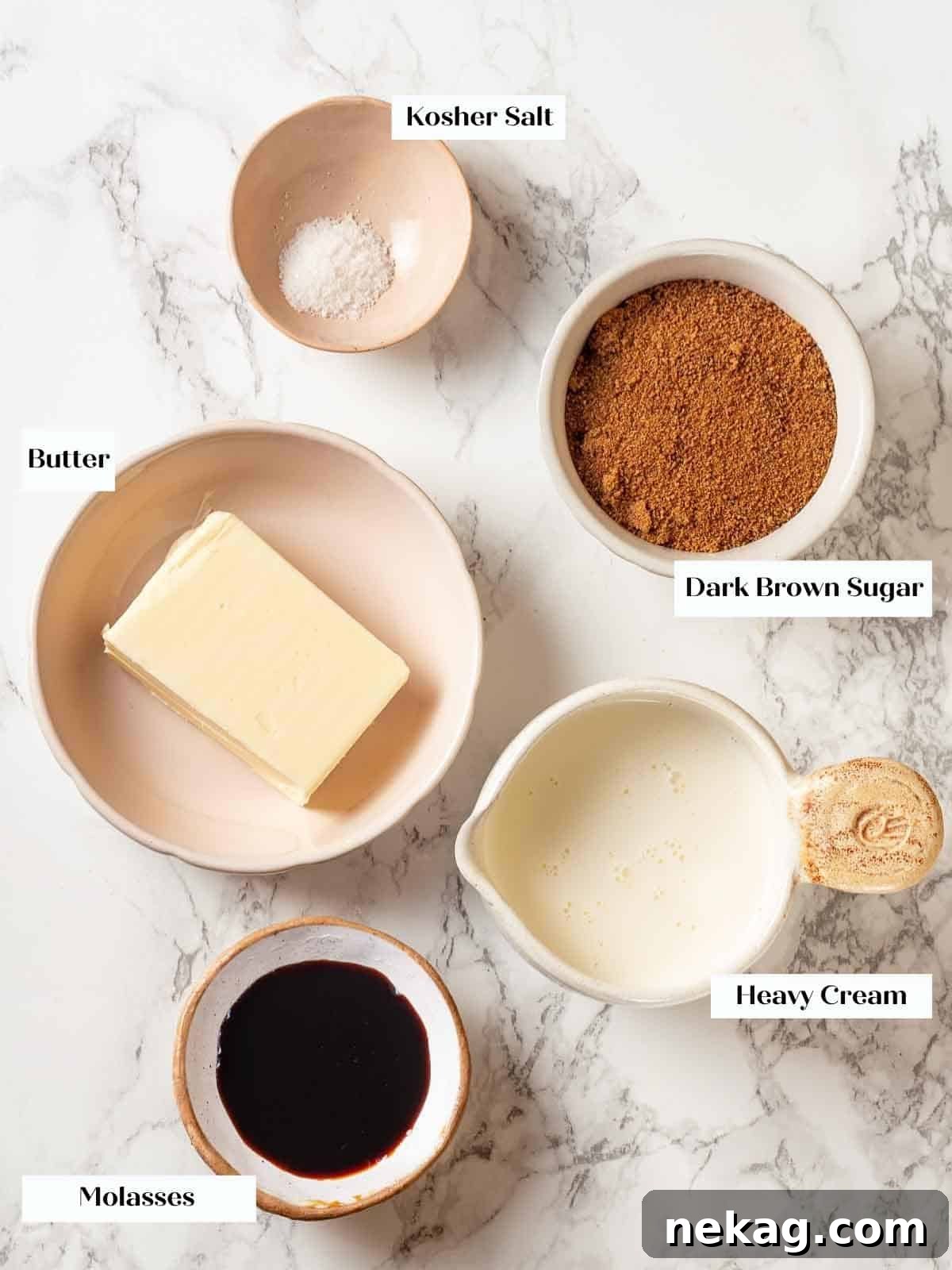 Ingredients for the luscious toffee sauce displayed on a white marble surface, ready to be transformed.