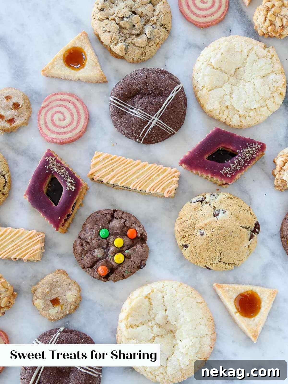 A delectable variety of cookies, including classic chocolate chip and delicate shortbread, artfully arranged on a pristine white marble surface, inviting to share.