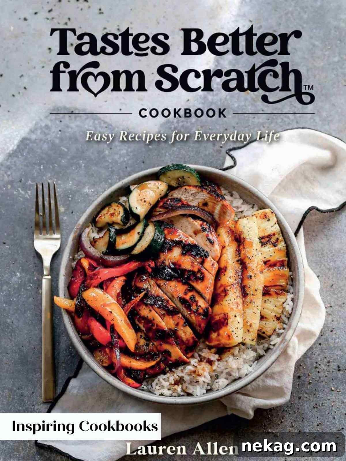 The 'Tastes Better From Scratch' cookbook beautifully displayed on a clean kitchen counter, inviting readers to explore its recipes.