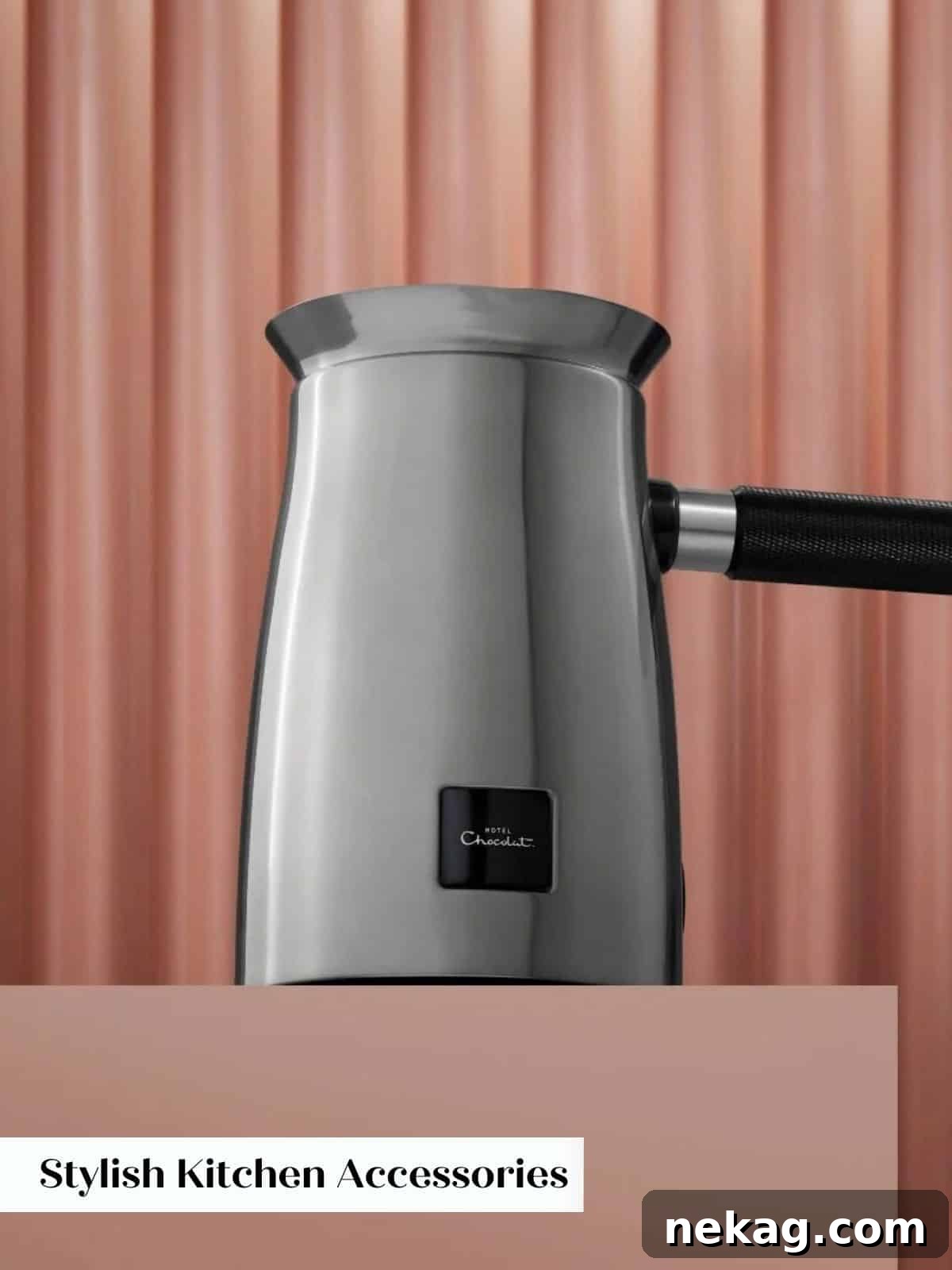 A sleek Hotel Chocolat Velvetizer gracefully brewing a creamy, rich cup of hot chocolate, embodying luxury and convenience.