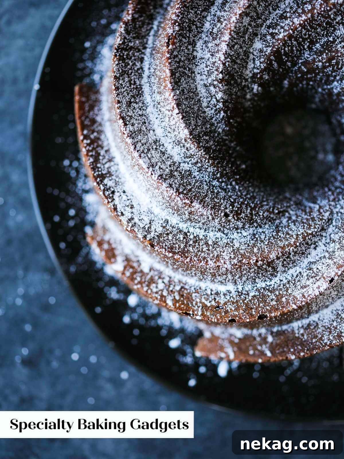 A rich, dark chocolate pound cake beautifully placed on a rustic wooden table, delicately topped with powdered sugar.