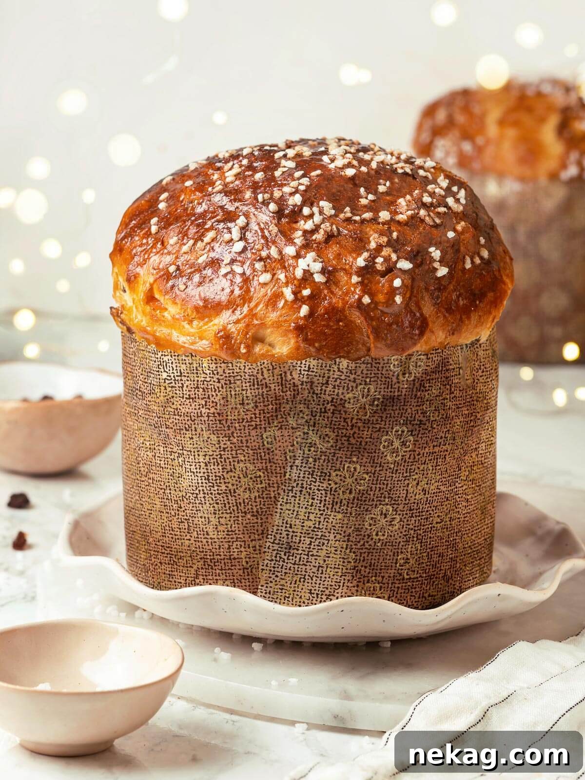 The outside of a panettone loaf decorated with studded sugar, showcasing a perfect golden-brown crust.