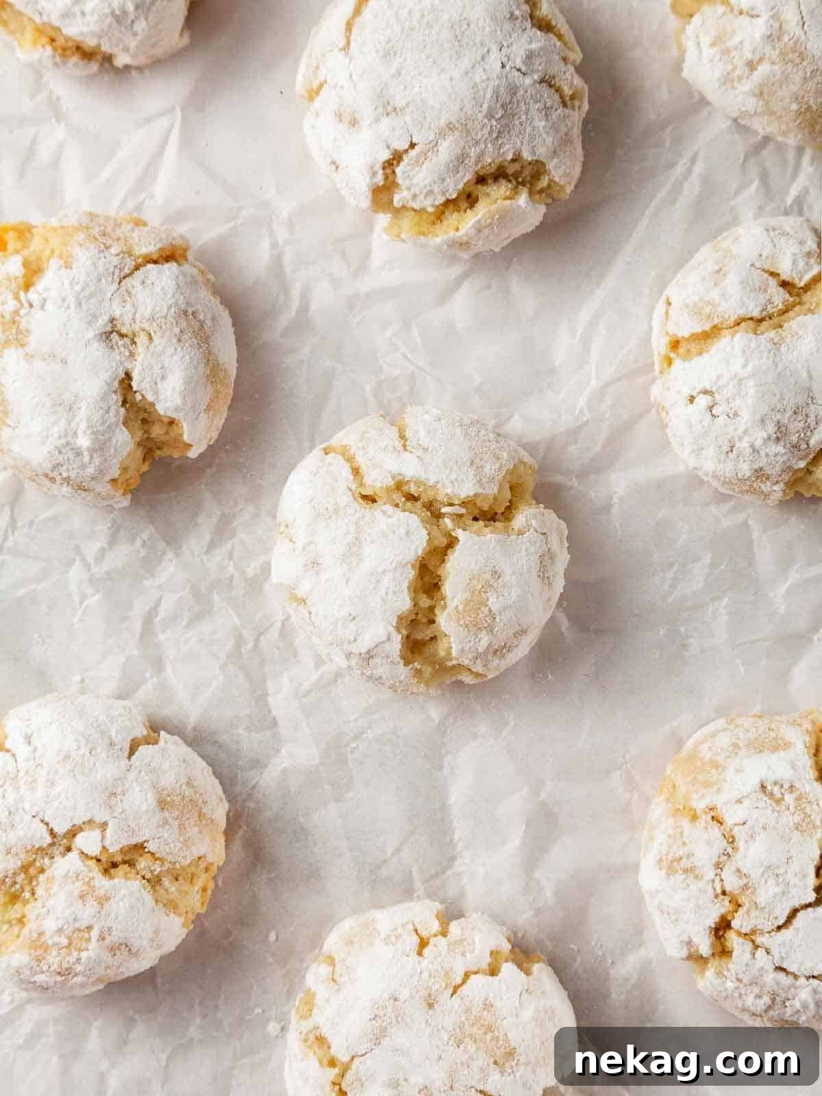 Delicate Amaretti Bites 12 A serving of soft amaretti cookies, perfectly golden and dusted with powdered sugar.