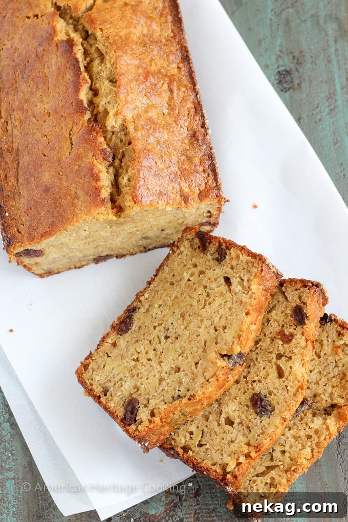 Decadent Brown Butter Rum Raisin Banana Bread 3 Close-up of Brown Butter Rum Raisin Banana Bread, showing the golden-brown crust and moist texture.