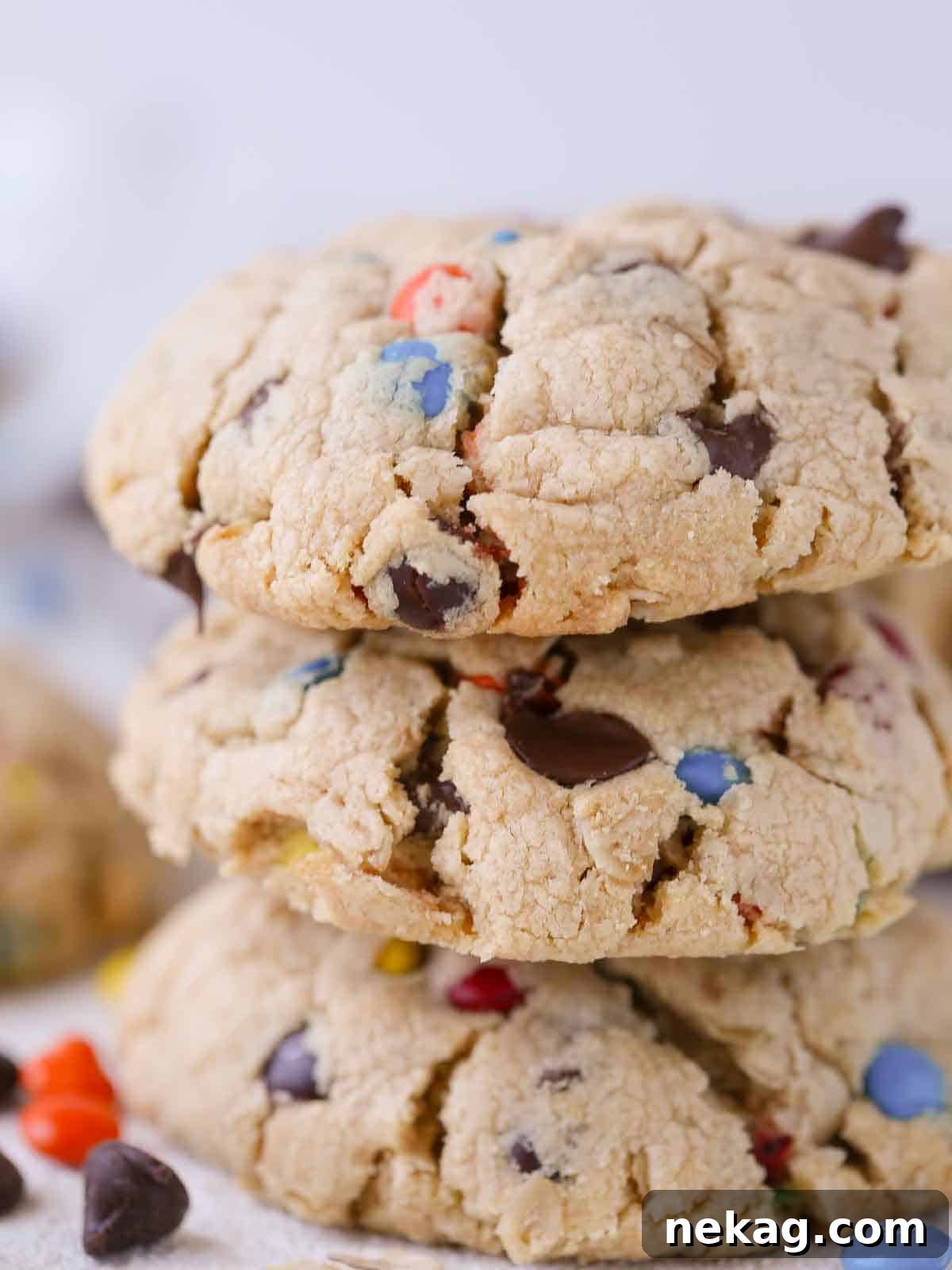 A perfectly arranged stack of three thick monster cookies, showcasing their chunky texture, vibrant M&Ms, and abundant mix-ins.