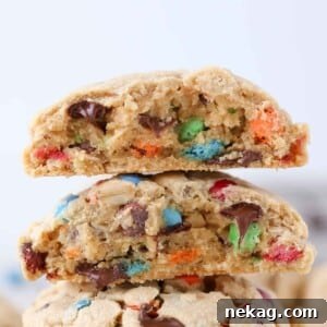 A close-up of a thick monster cookie, emphasizing its hearty, chewy layers.