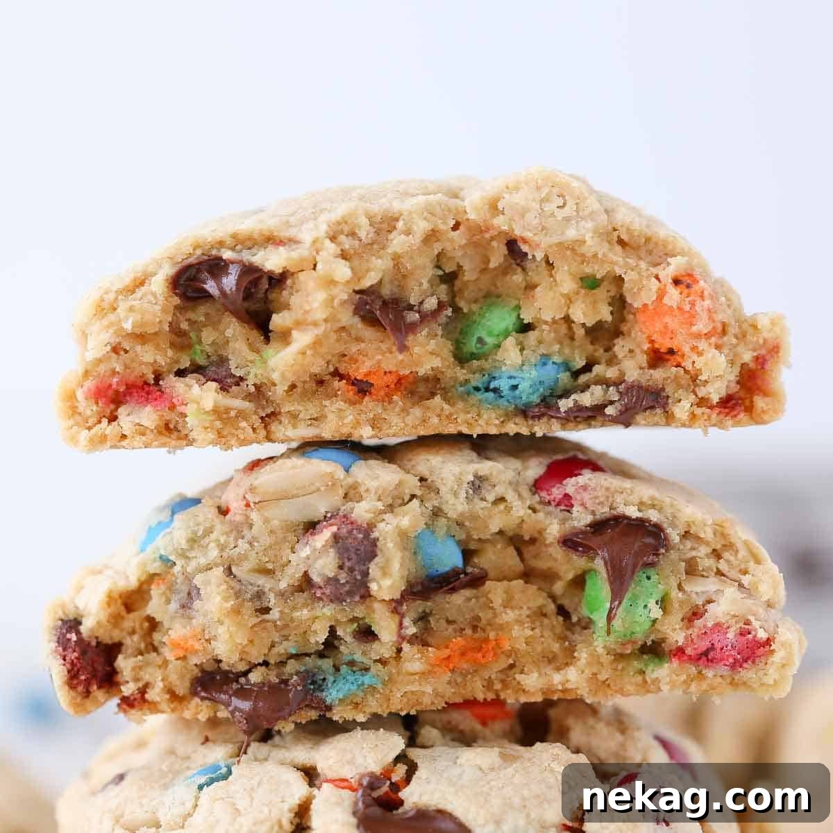 A close-up shot of a perfectly baked, thick monster cookie, highlighting its hearty layers and inviting chewiness.