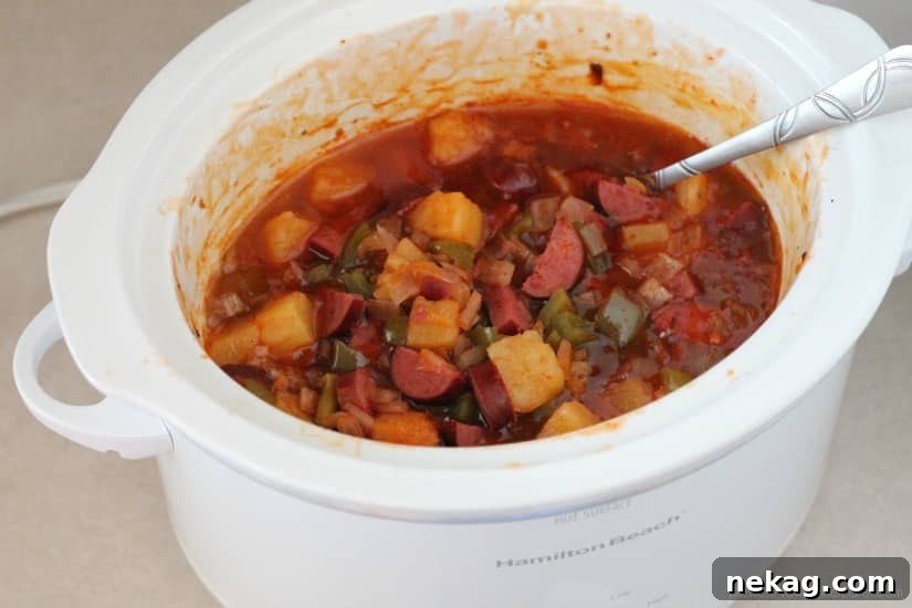 Slow Cooker Sweet & Sour Smoked Sausage with Rice