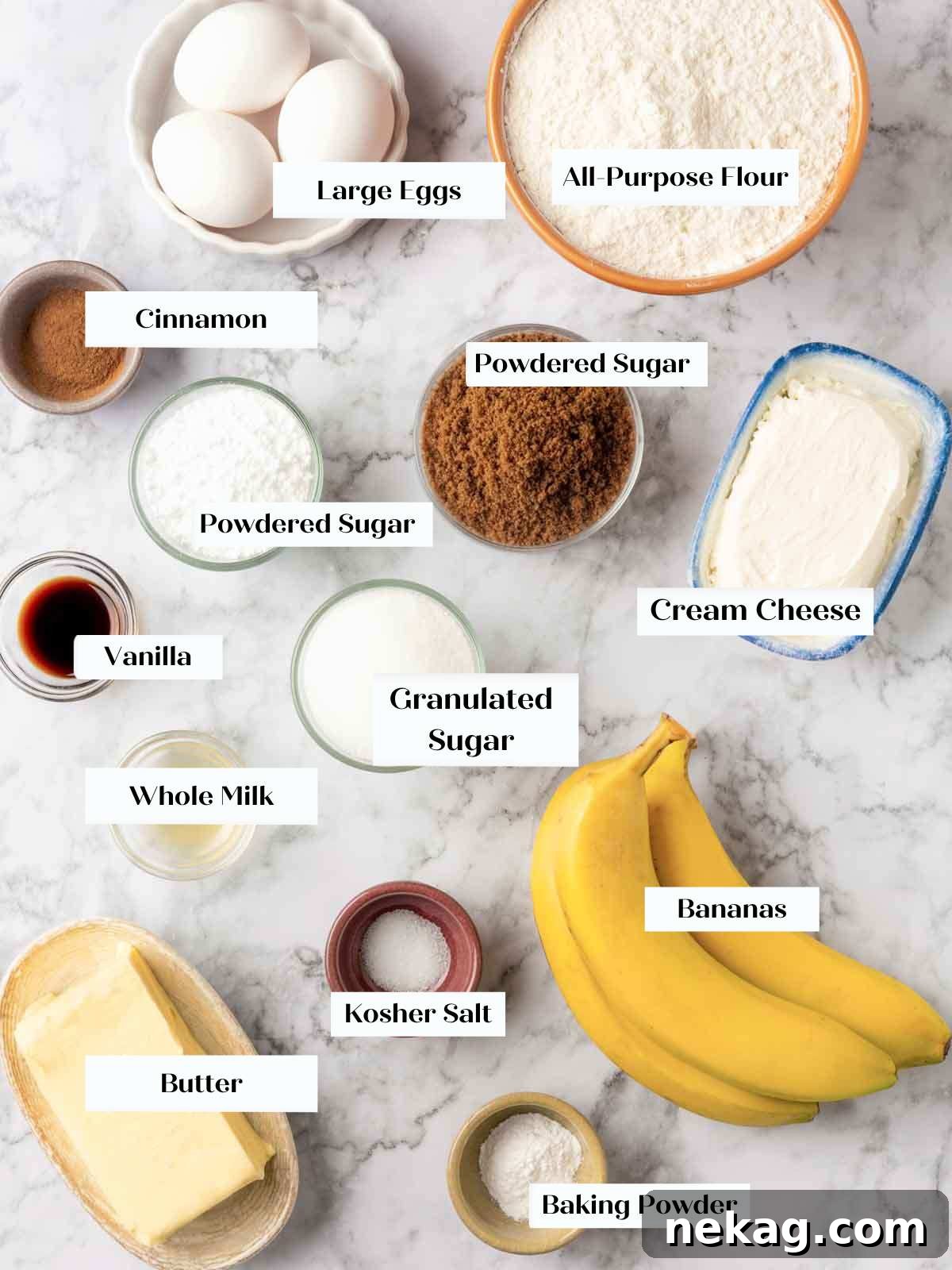 A beautiful flat lay photograph displaying all the fresh, high-quality ingredients required to bake a delicious banana cake, including perfectly ripe bananas, bags of flour and sugar, and eggs.