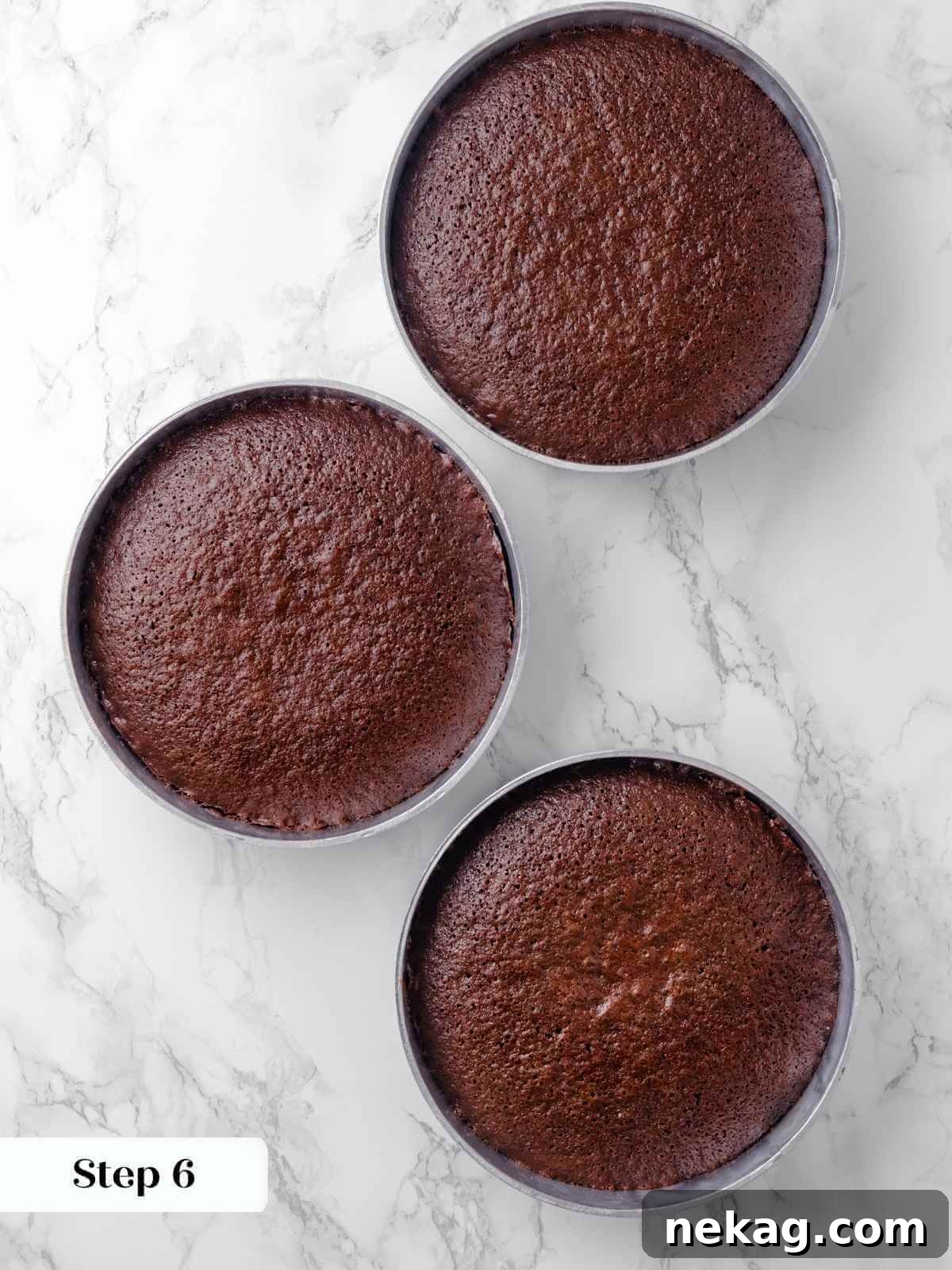 Three baked chocolate raspberry cake layers cooling on a wire rack, showing their golden-brown edges.