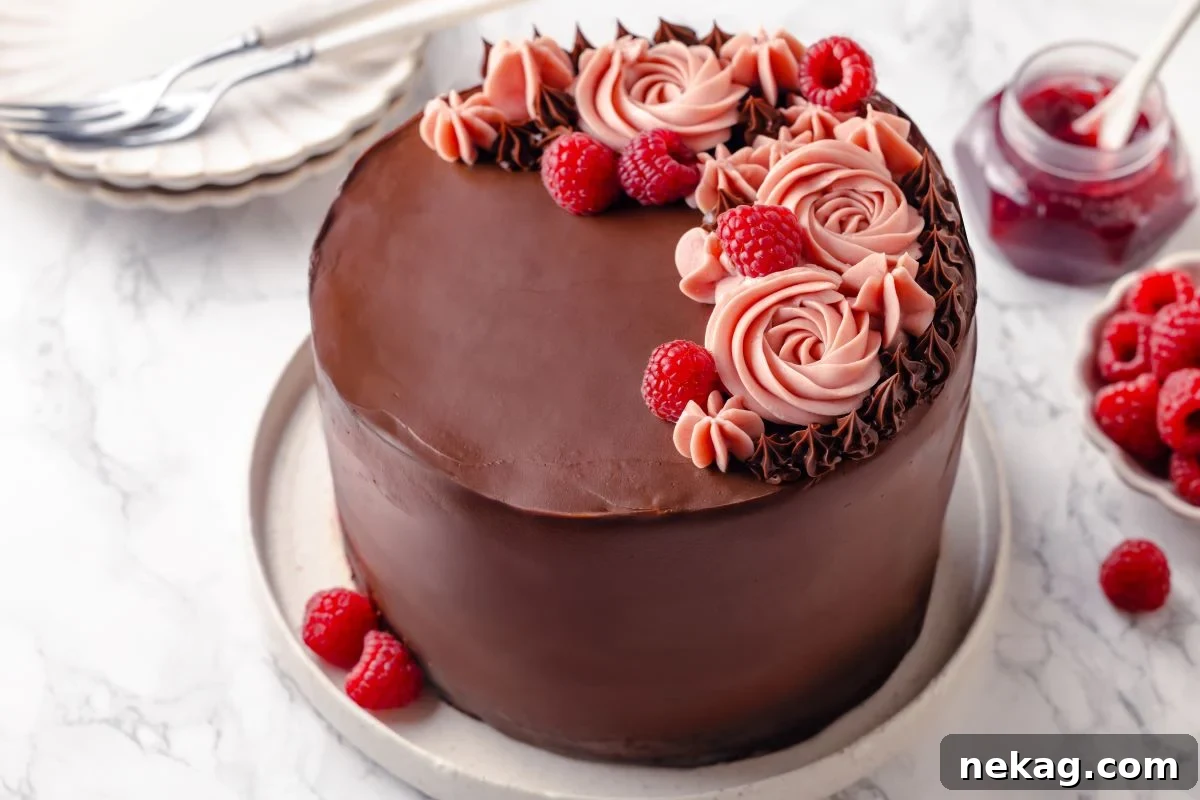 A whole chocolate raspberry cake adorned with delicate pink buttercream swirls and fresh raspberries, showcasing its beauty before serving.