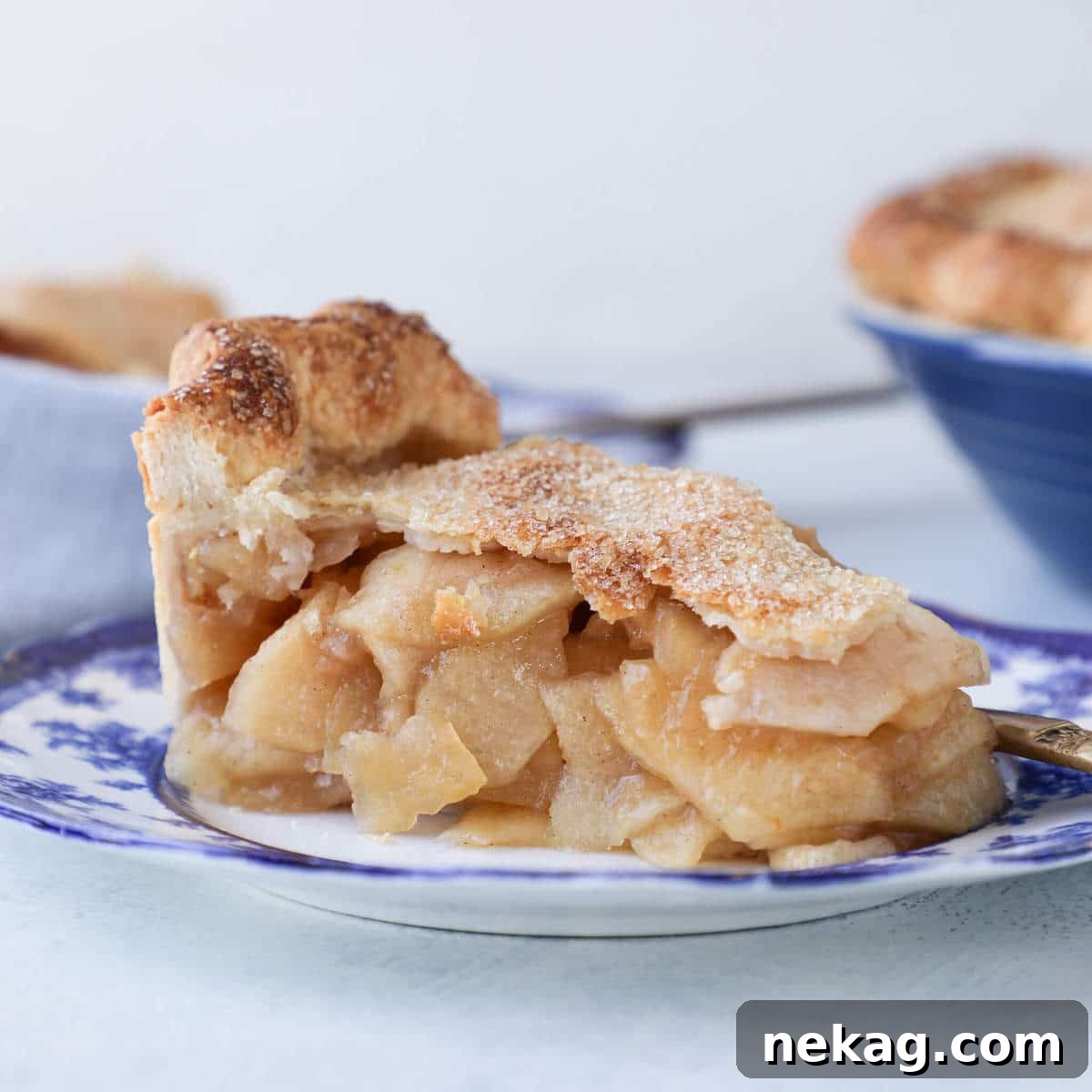 A slice of Mile High Apple Pie adorned with a scoop of vanilla ice cream, served on a elegant blue plate.