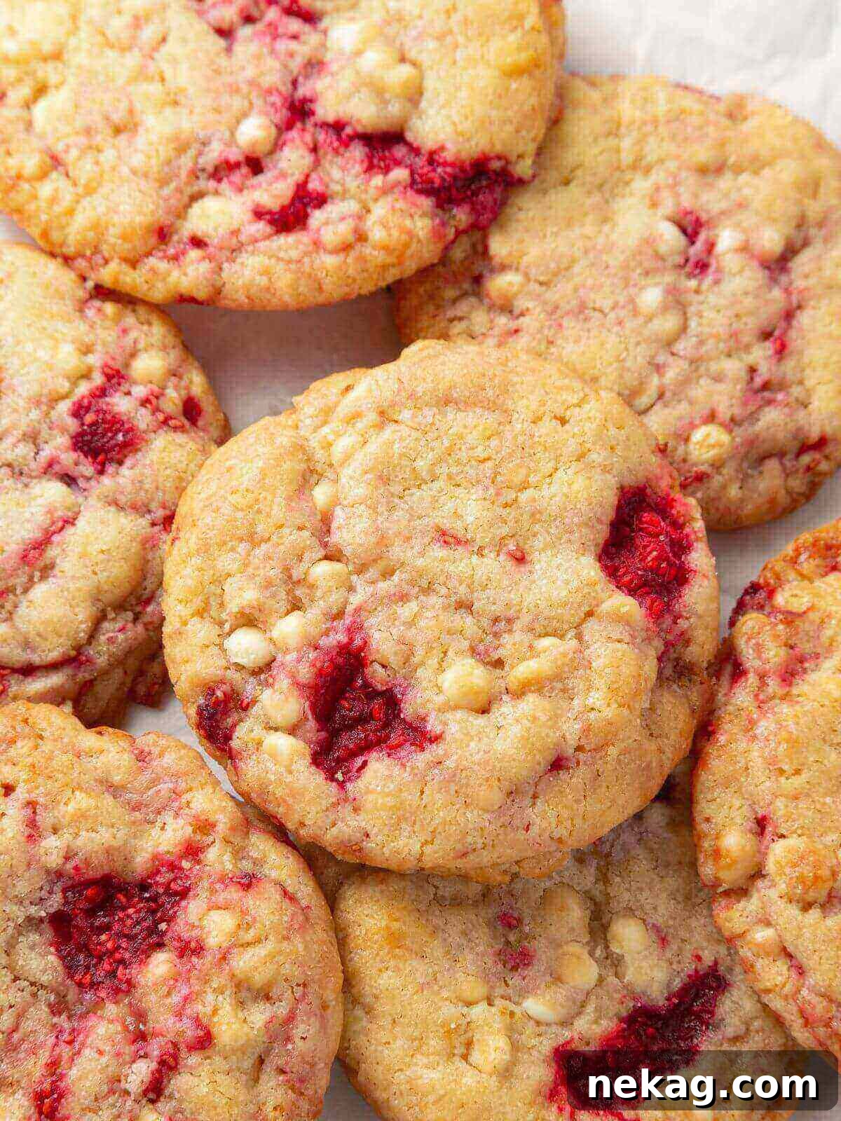 A group of white chocolate raspberry cookies arranged on a plate for serving.