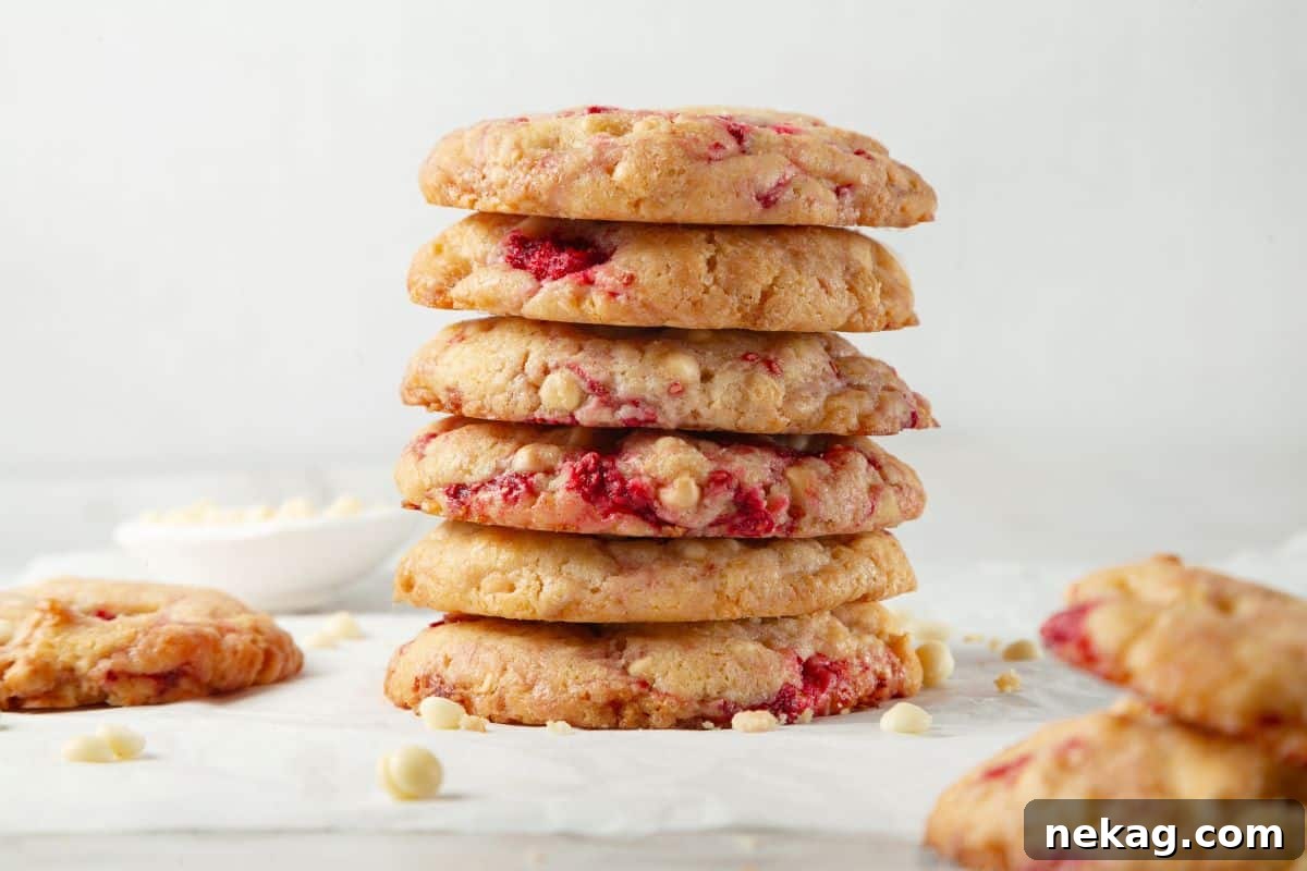 A stack of white chocolate raspberry cookies with a golden-brown exterior and vibrant raspberry swirls.