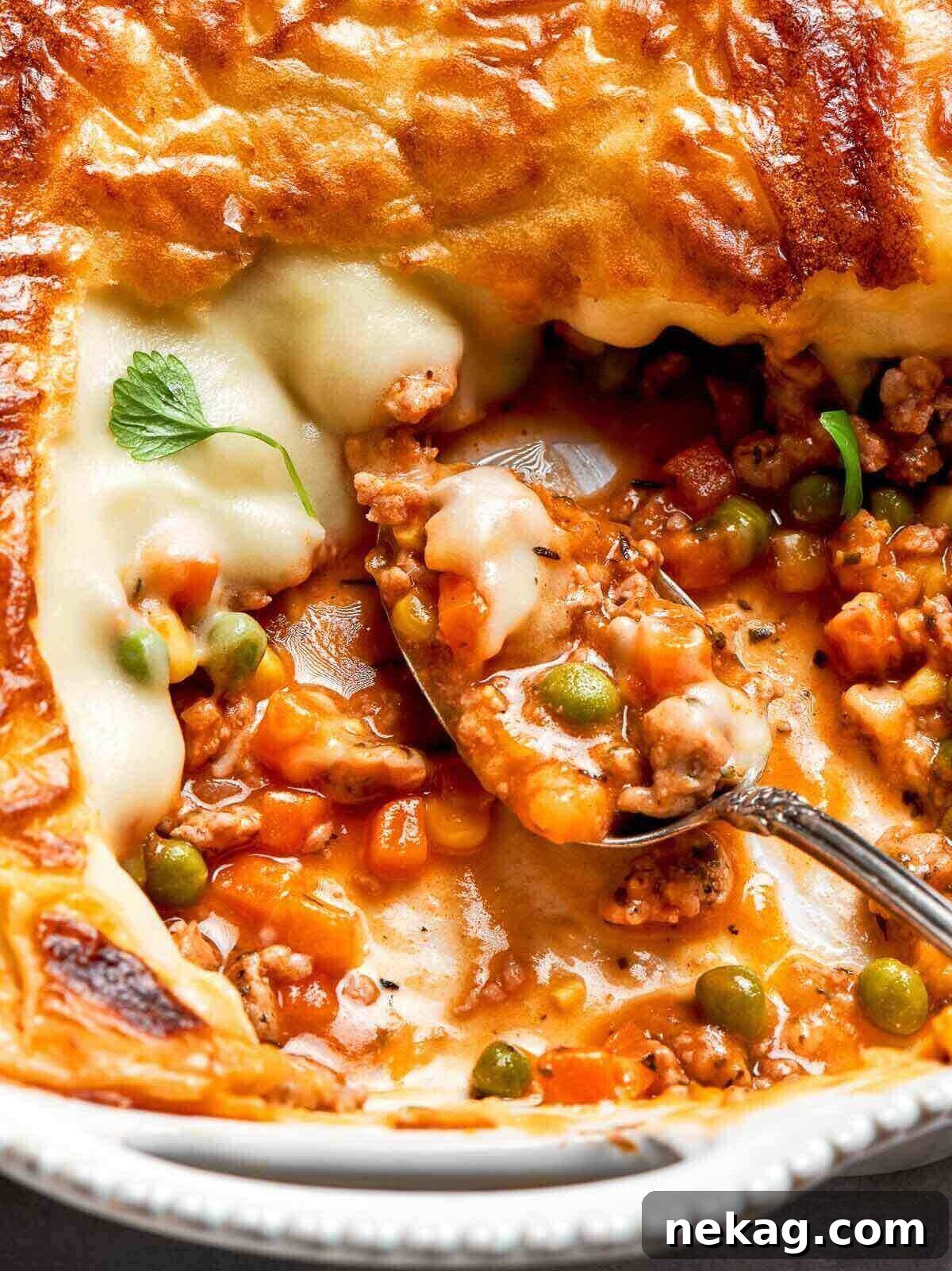 A close-up of the beautiful layers of tender vegetables, seasoned ground chicken, and golden-brown mashed potatoes inside the Shepherd's pie, highlighting its comforting appeal.