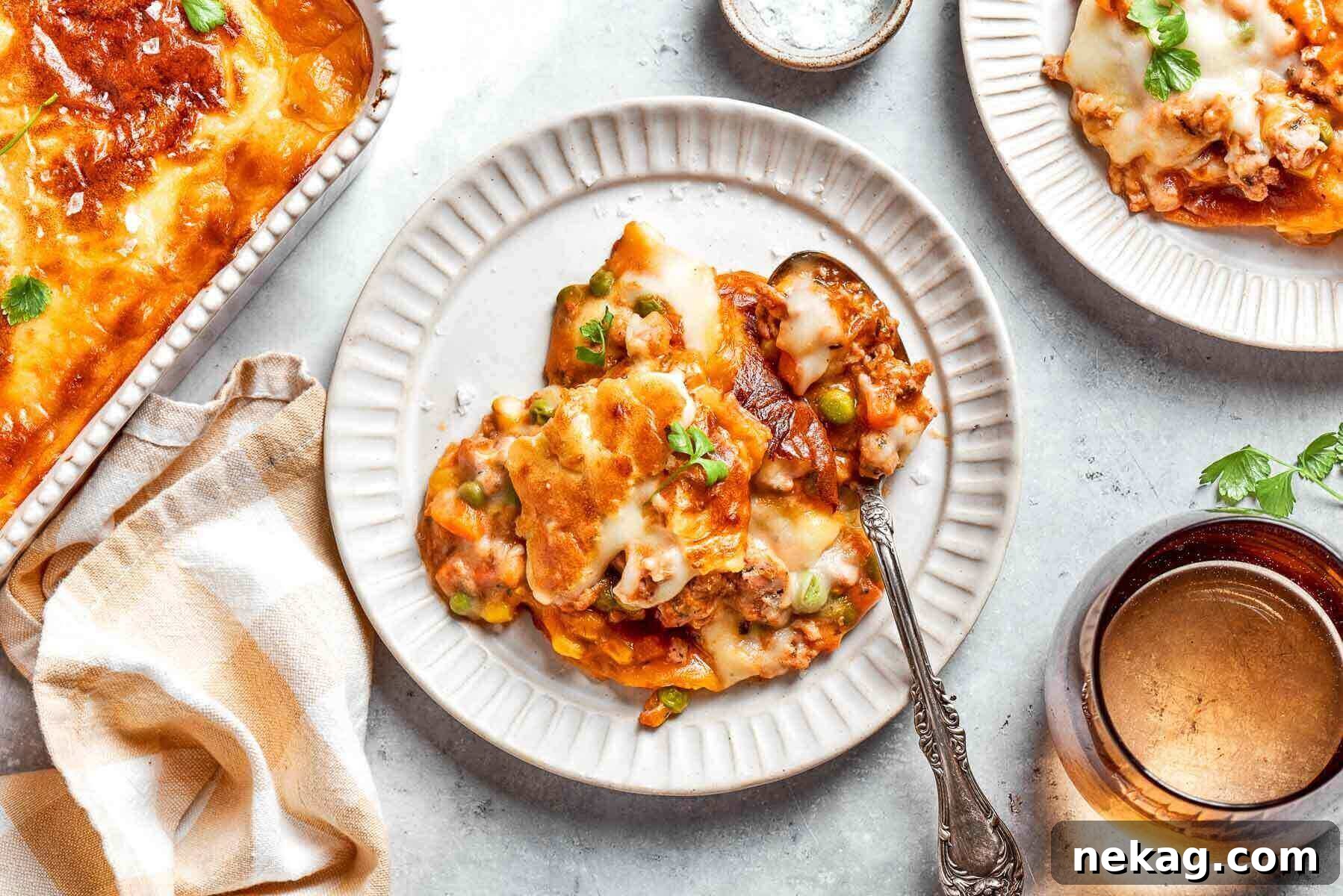 A cozy dinner plate featuring a golden, creamy serving of Chicken Shepherd’s Pie, perfectly portioned and inviting.