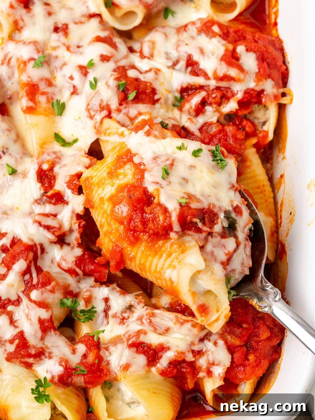 Hearty Meat-Stuffed Pasta Shells 2 Golden-brown baked stuffed shells with ground beef and melted cheese in a casserole dish, ready to serve.