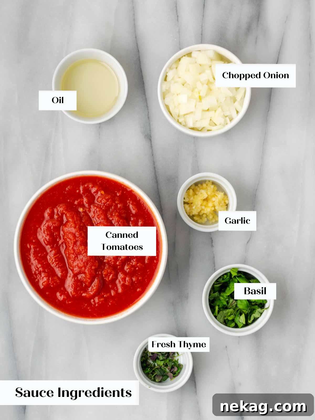 Hearty Meat-Stuffed Pasta Shells 5 Simple fresh ingredients for a quick red sauce, including San Marzano tomatoes, olive oil, onions, and garlic.