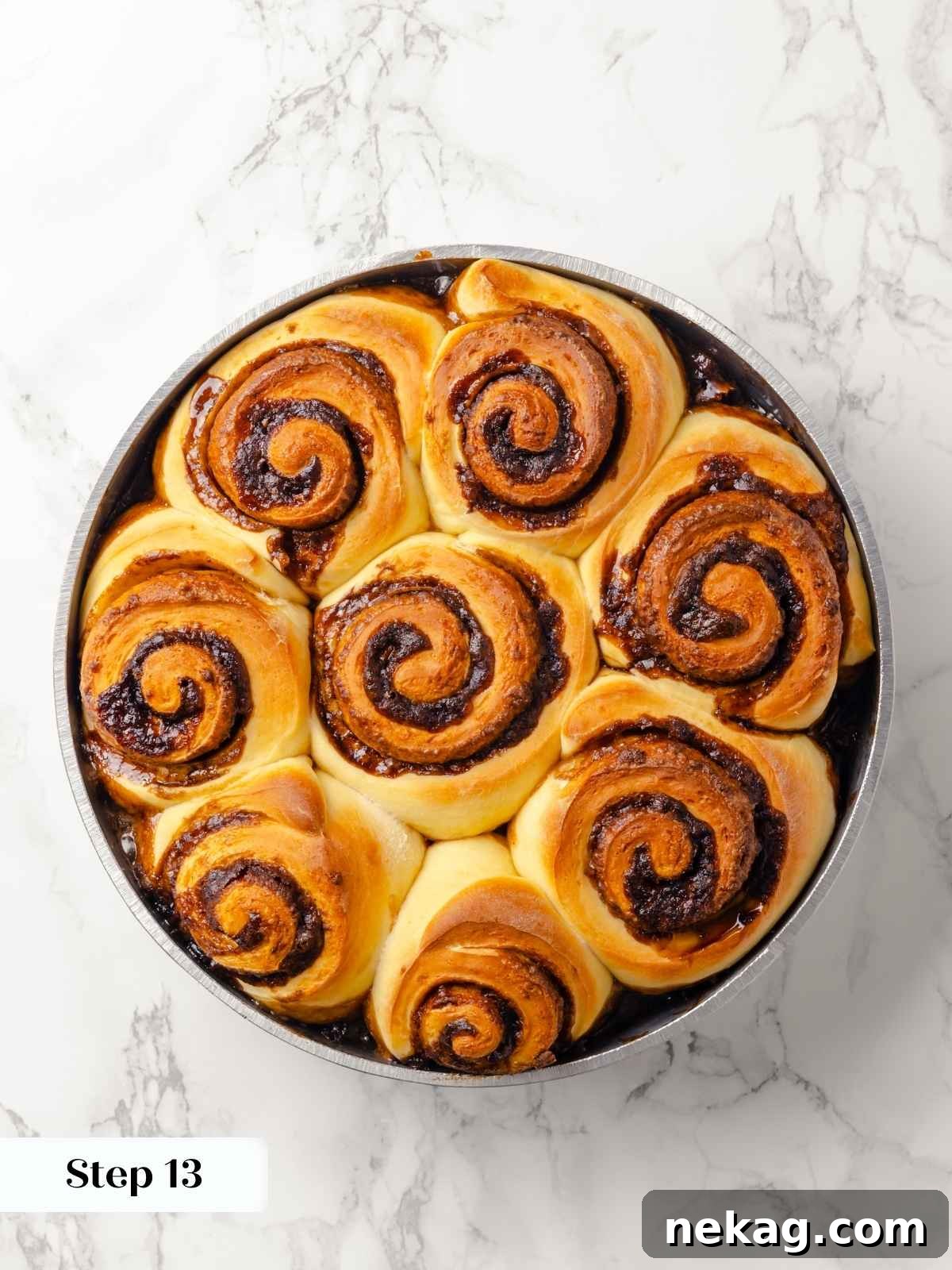 Freshly baked sticky buns still in the pan.