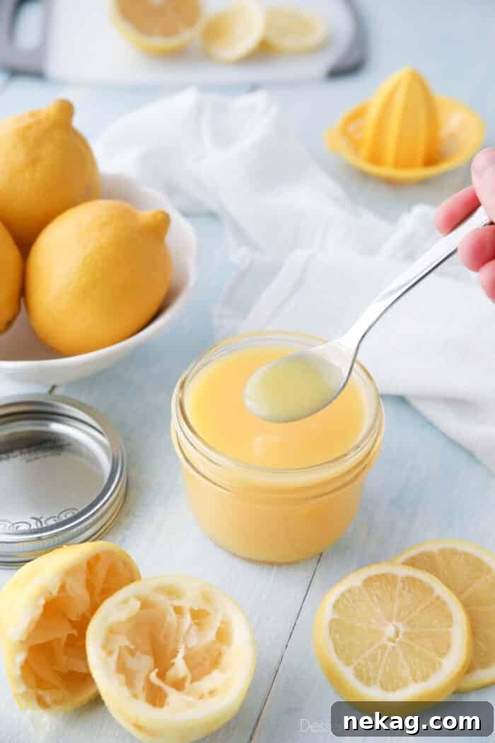 Homemade Lemon Curd Delight 2 Homemade Lemon Curd on a spoon, showcasing its rich, golden color and thick consistency.