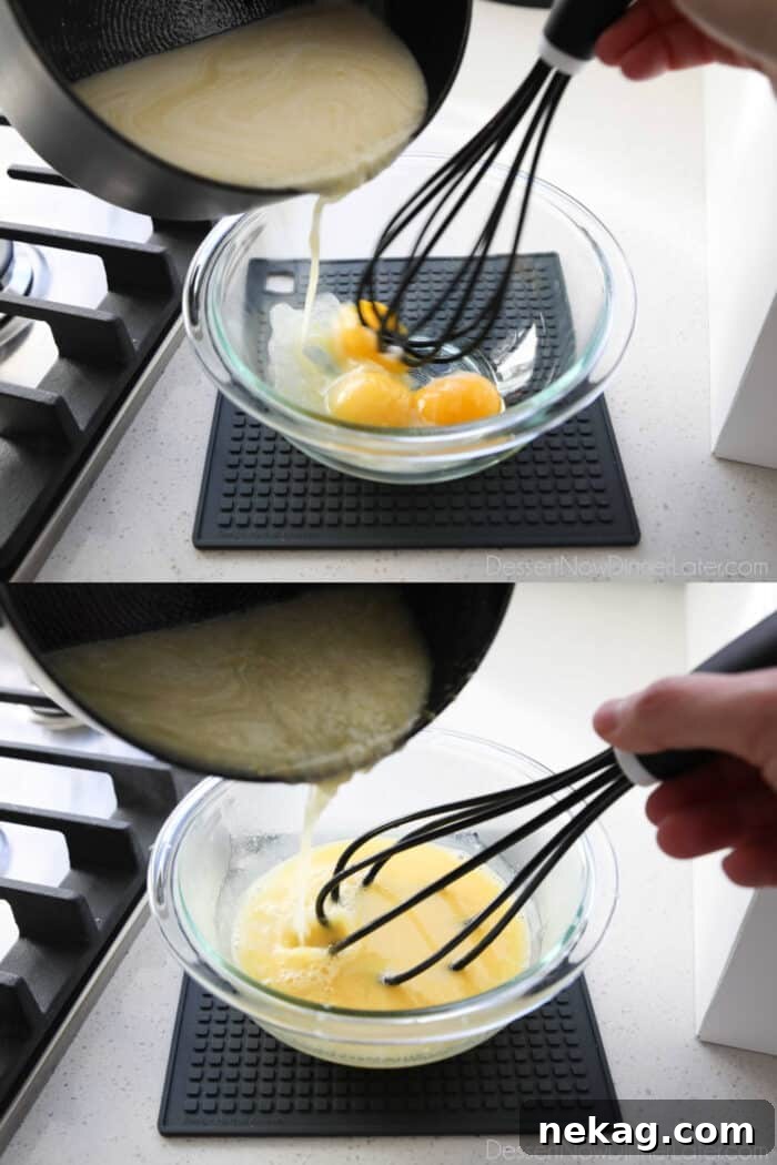 Homemade Lemon Curd Delight 6 A visual guide to making lemon curd: showing the process of slowly pouring hot lemon mixture into a bowl of whisked egg yolks to temper them.