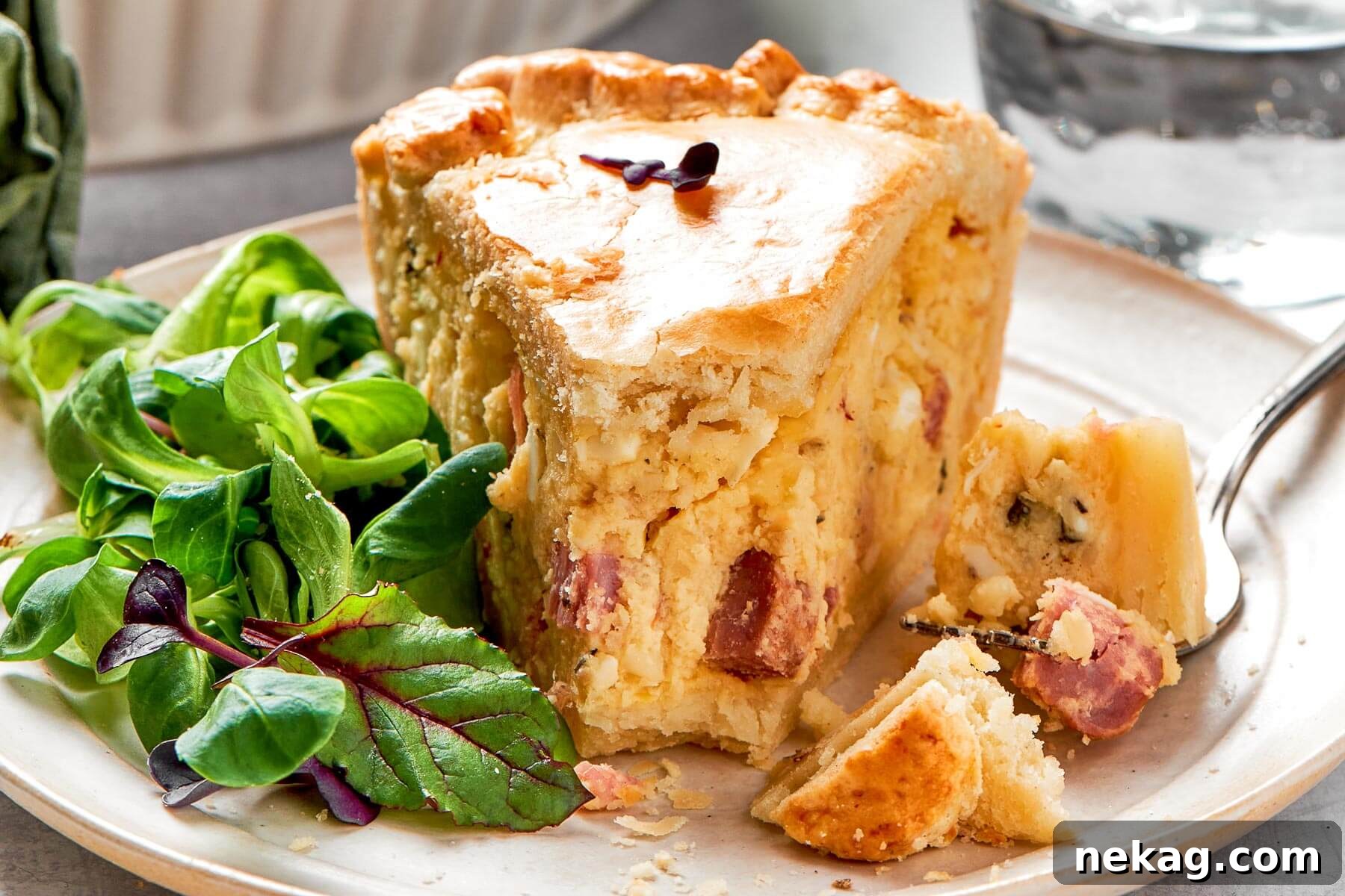 A perfectly cut slice of pizza rustica with a bite taken out, clearly showing its soft, cheesy interior and rich, savory filling with visible meats.