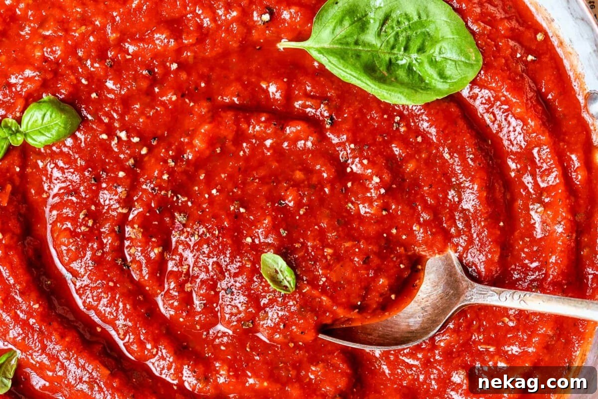 Glossy tomato sauce with a spiral pattern showing its thickness and rich texture.