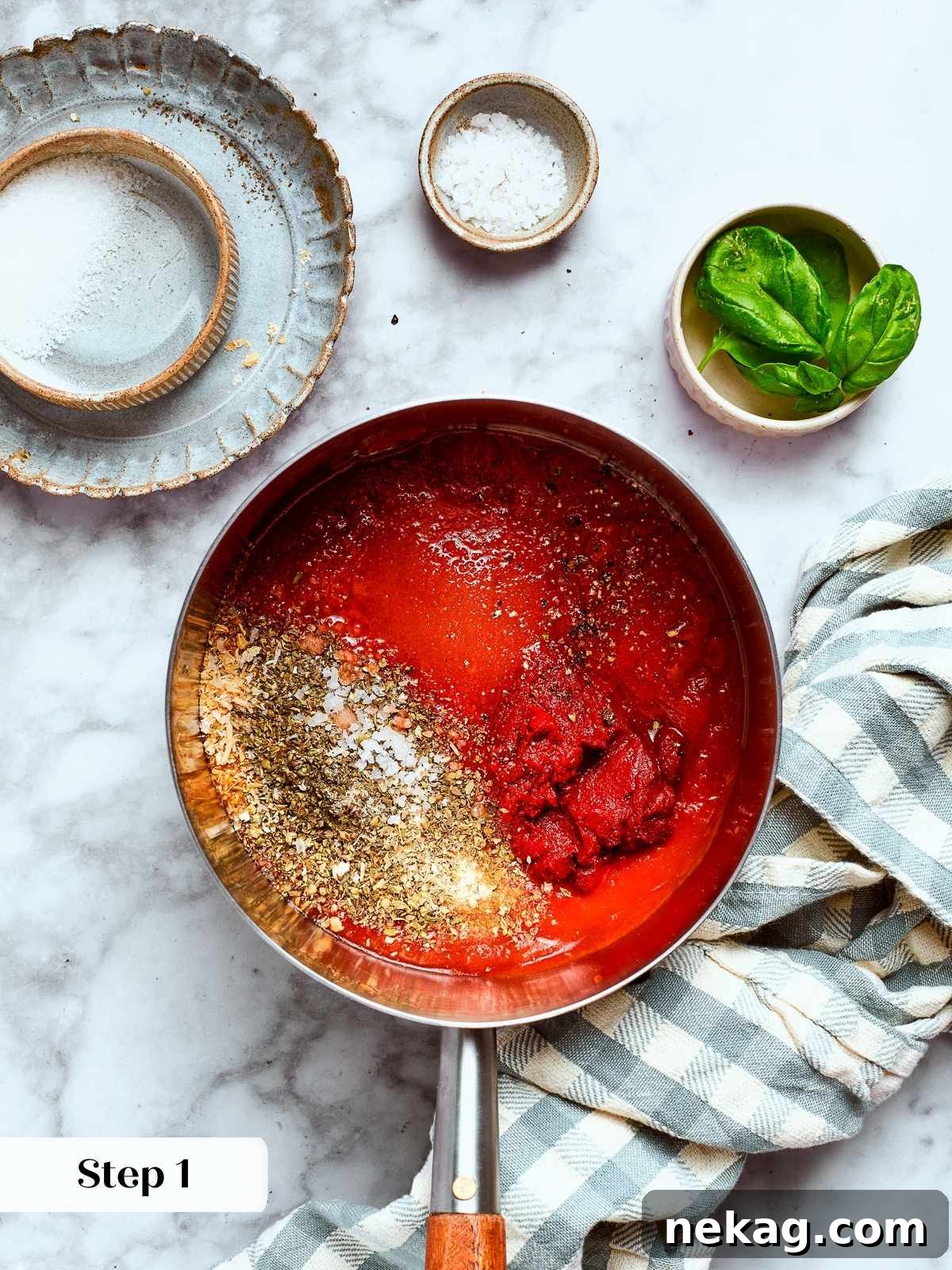 Initial ingredients blending into a bright red pizza sauce in a saucepan.