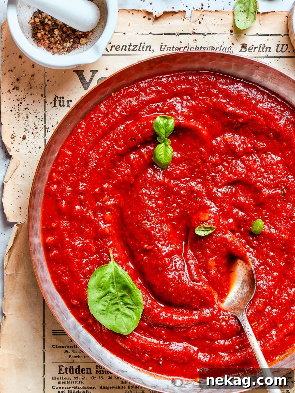 A pan of finished pizza sauce with a swirl pattern on top, indicating its smooth texture and readiness.