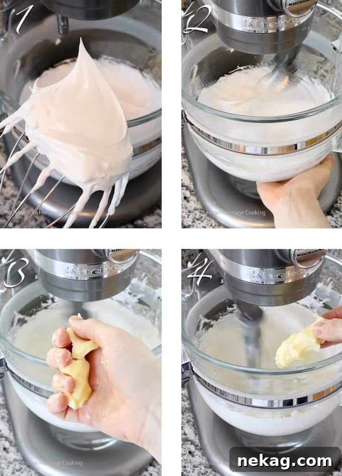 Photo 1: Egg whites whipped to stiff peaks. Photo 2: A hand demonstrating the pliability of correctly tempered butter.