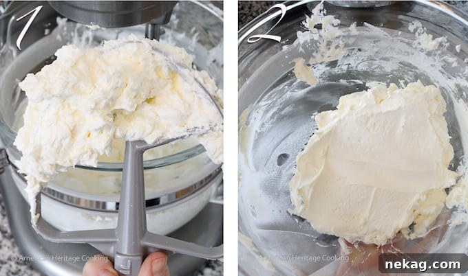 Smooth Italian meringue buttercream against a paddle attachment, showing no visible pieces of butter.