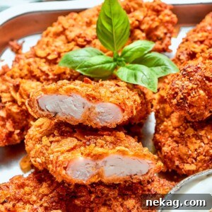 Tender interior of chicken strip surrounded by thick, crunchy breading.