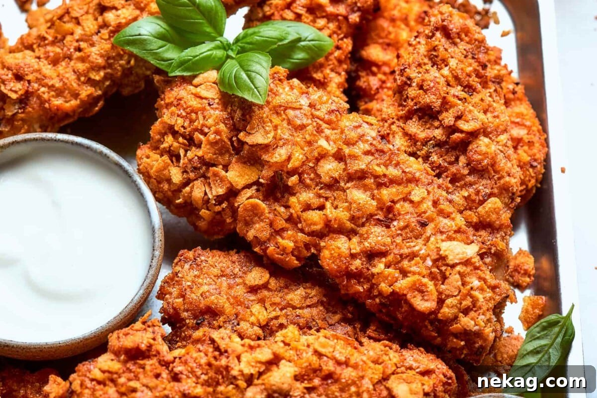 Crispy Air-Fried Chicken Fingers 3 Finished chicken tenders garnished with fresh basil leaves for color and flavor.