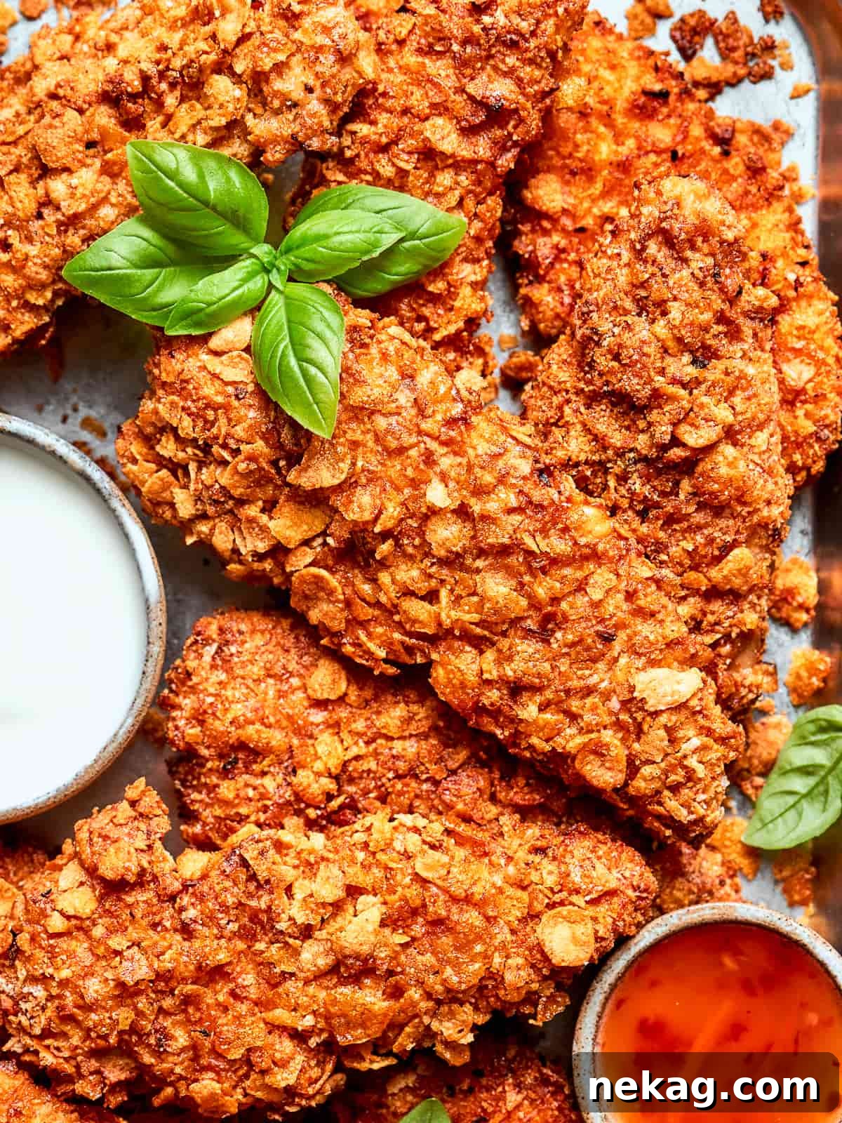 Crispy Air-Fried Chicken Fingers 8 Ultra-crispy chicken tenders showing golden crust from chex and breadcrumb coating.