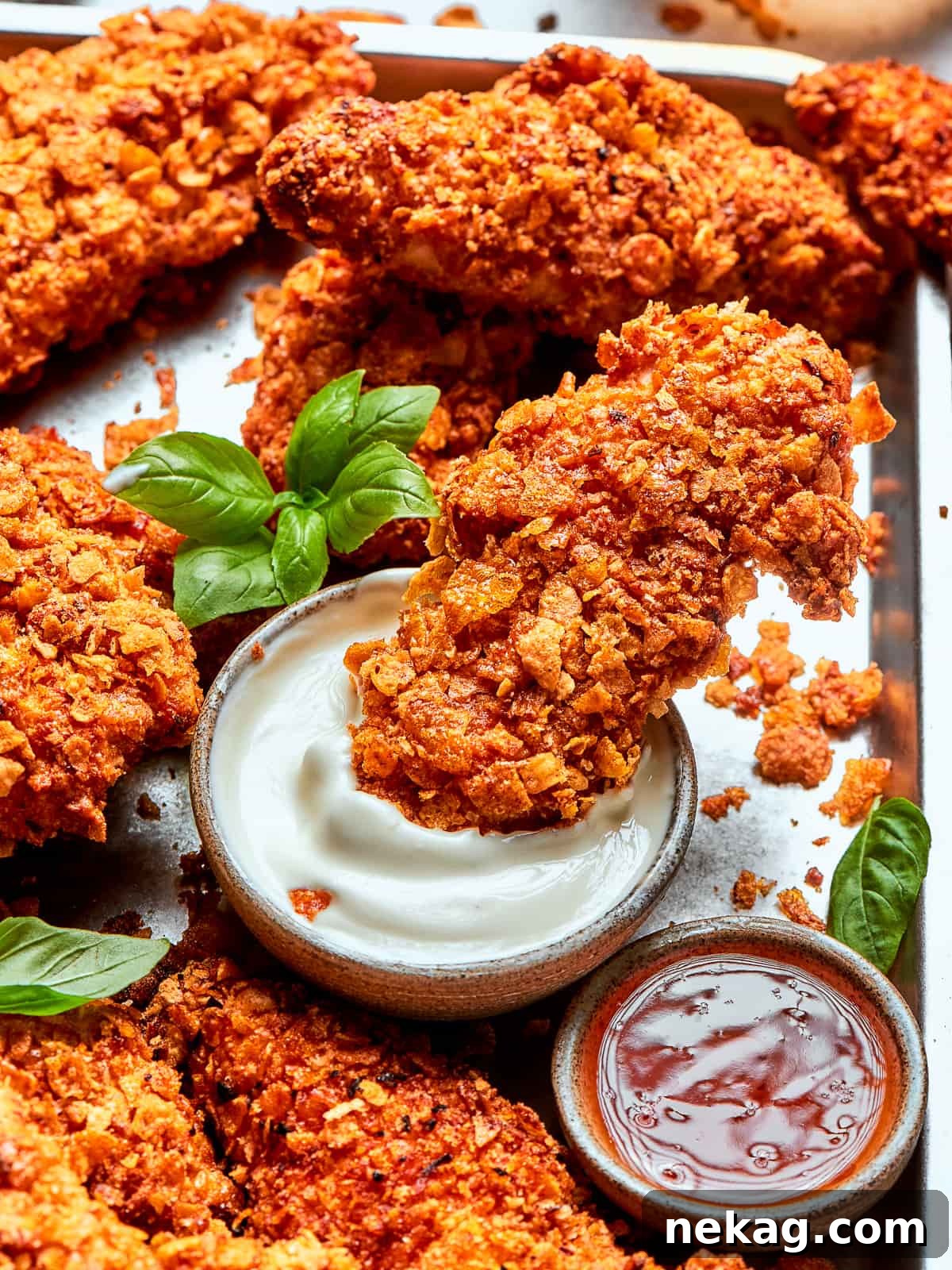 Crispy Air-Fried Chicken Fingers 9 Fully cooked air fryer tenders on tray, each with uniform crisp and rich color.