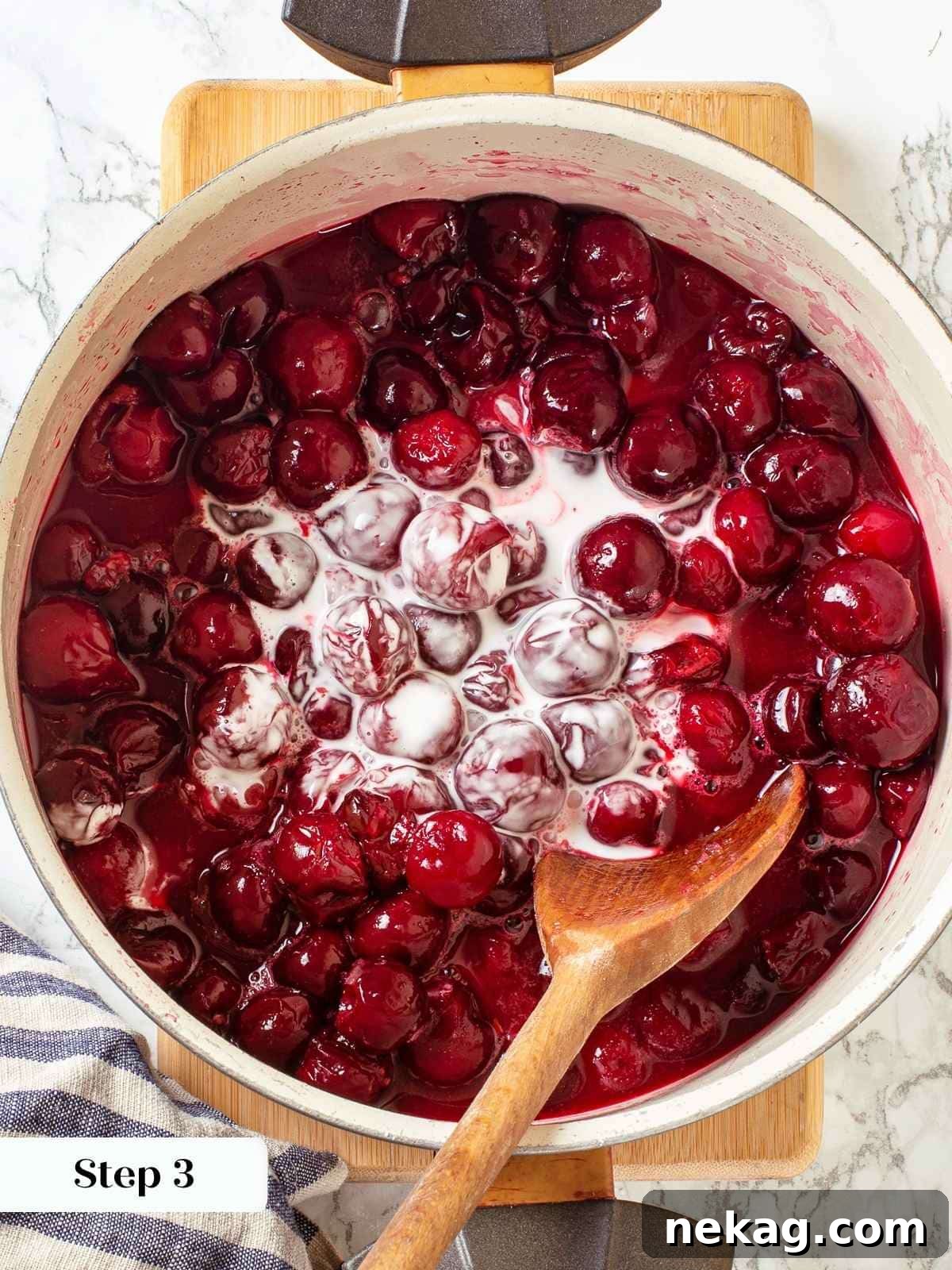 Thickener added to saucepan of cherries to begin thickening the filling as it cooks.