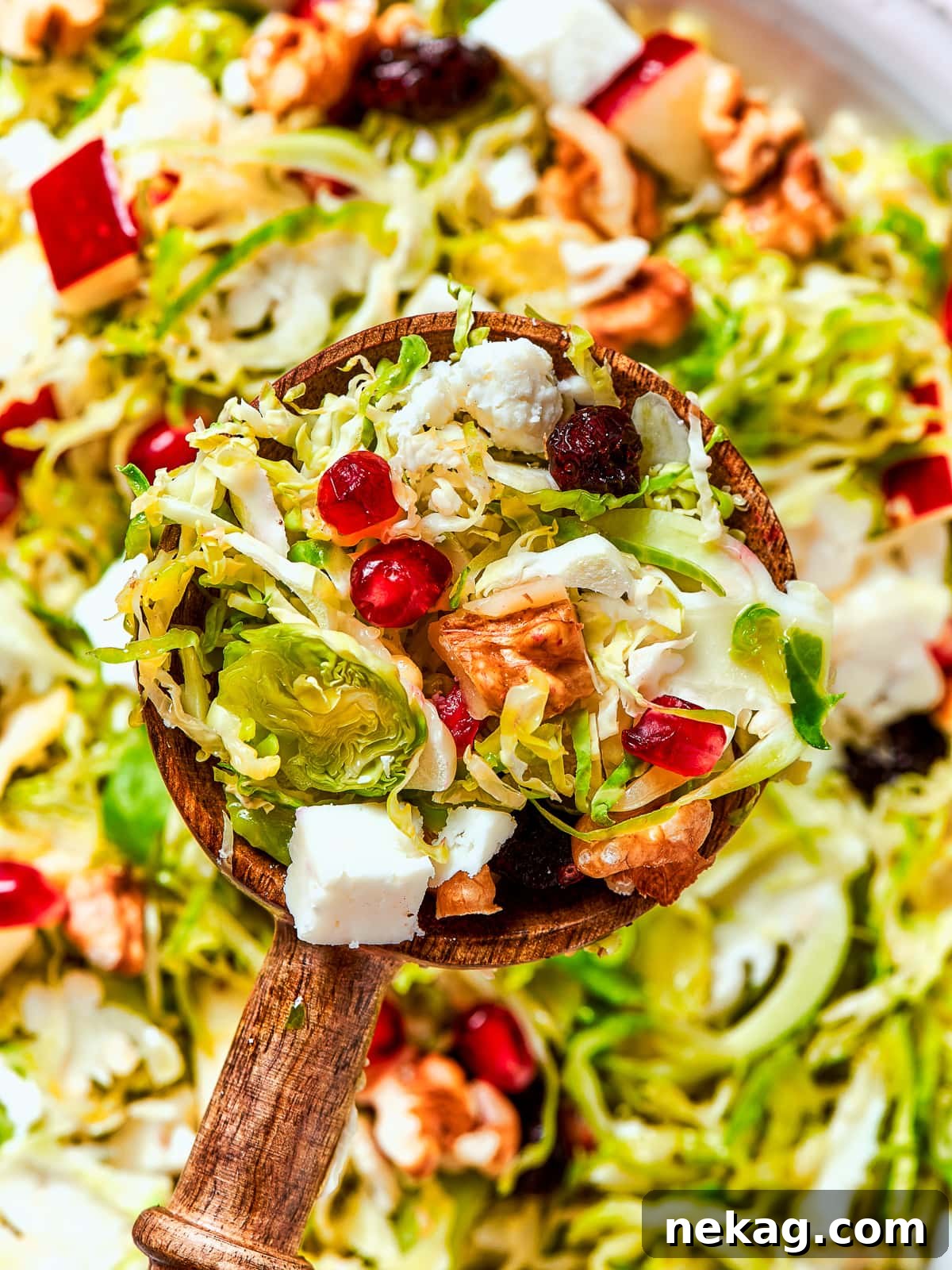 A beautifully presented shaved Brussels sprout salad, a vibrant mix of green sprouts, red pears, dark cherries, and crumbled feta cheese, ready to be served at the table.