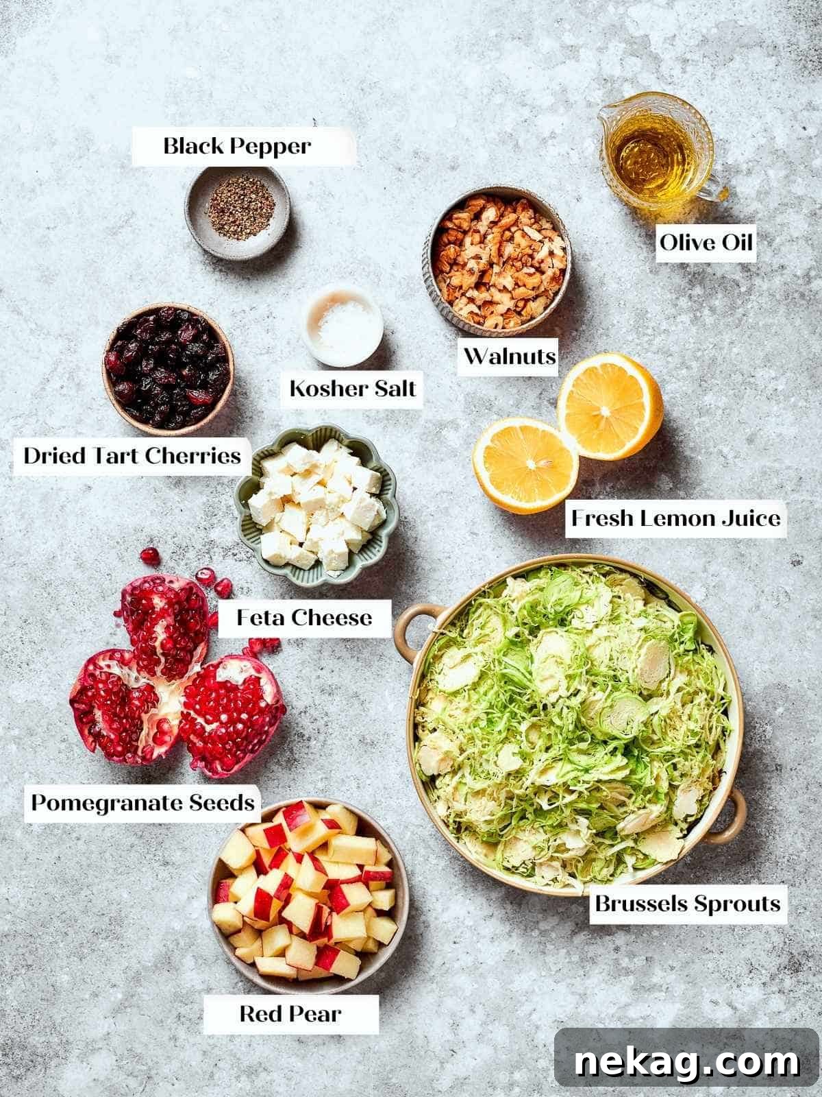 Key ingredients for the shaved Brussels sprout salad, including thinly sliced raw Brussels sprouts, fresh lemon, high-quality olive oil, and various seasonings, all prepped for assembly.