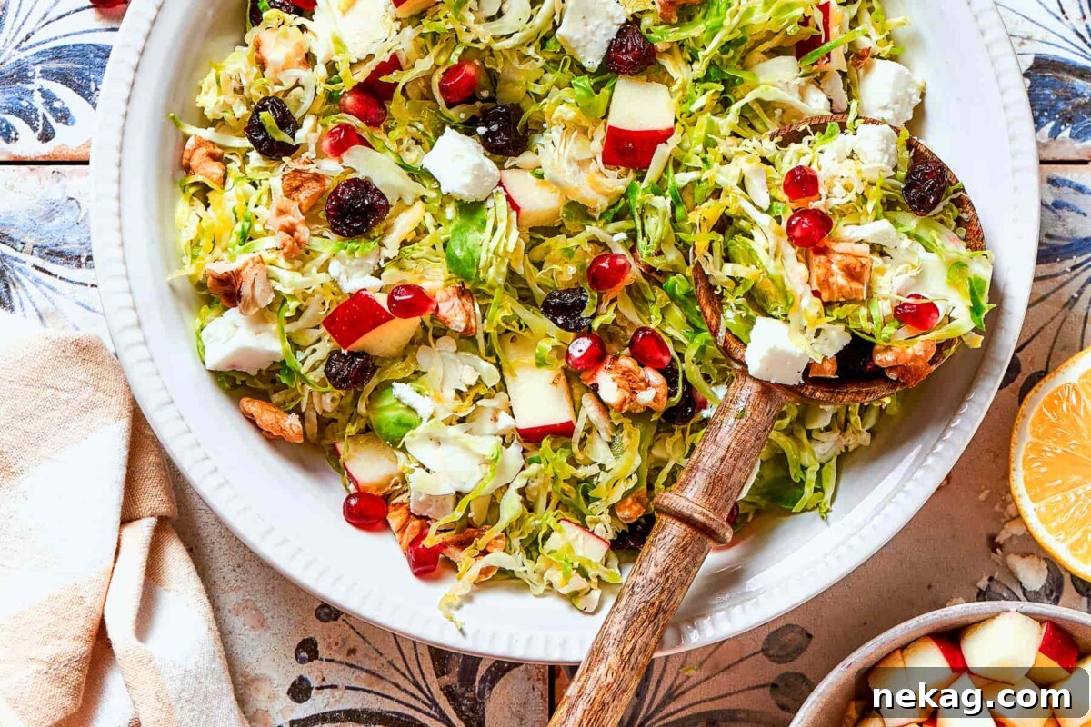 Close-up of shaved Brussels sprouts salad, vibrantly topped with bright red pomegranate seeds, crunchy walnuts, and creamy feta cheese in a serving dish, highlighting its fresh ingredients.