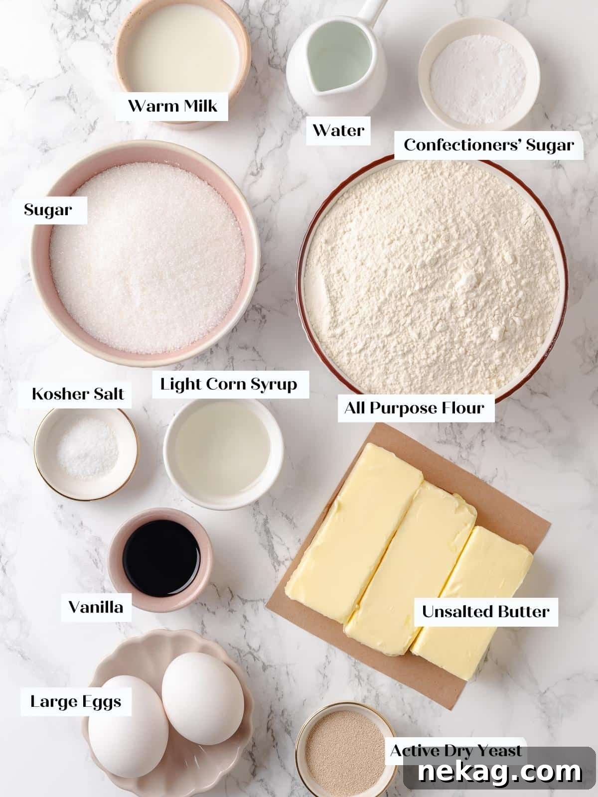 All ingredients for gooey butter cake displayed neatly before mixing the base and topping, showcasing freshness.