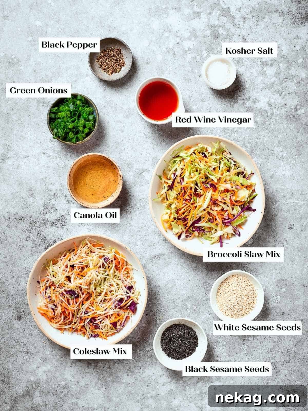 Mise en place of broccoli slaw ingredients arranged on counter before combining.
