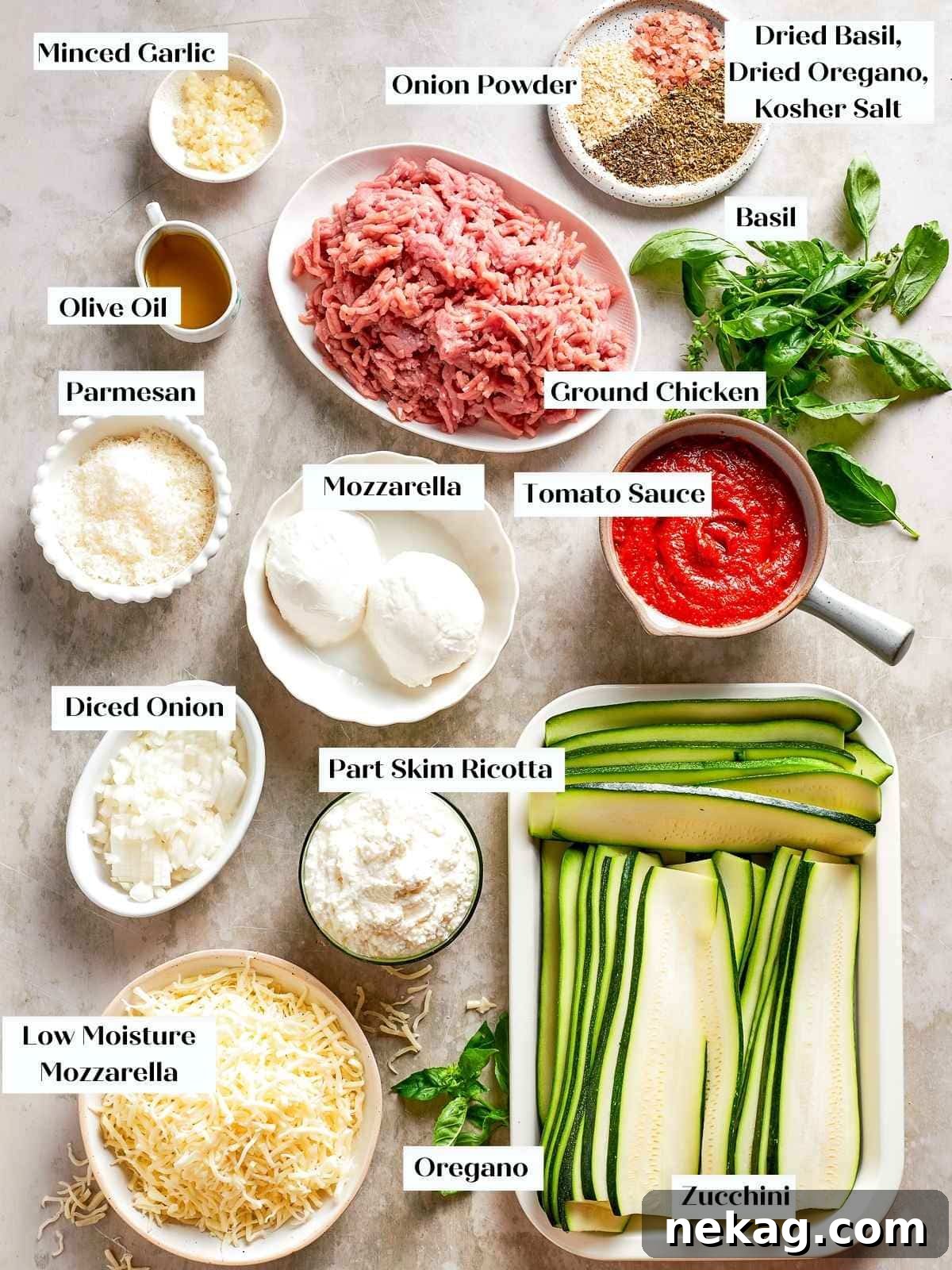 A vibrant spread of fresh ingredients for zucchini lasagna, including crisp zucchini, creamy ricotta, aromatic garlic, and various cheeses, laid out neatly before cooking.